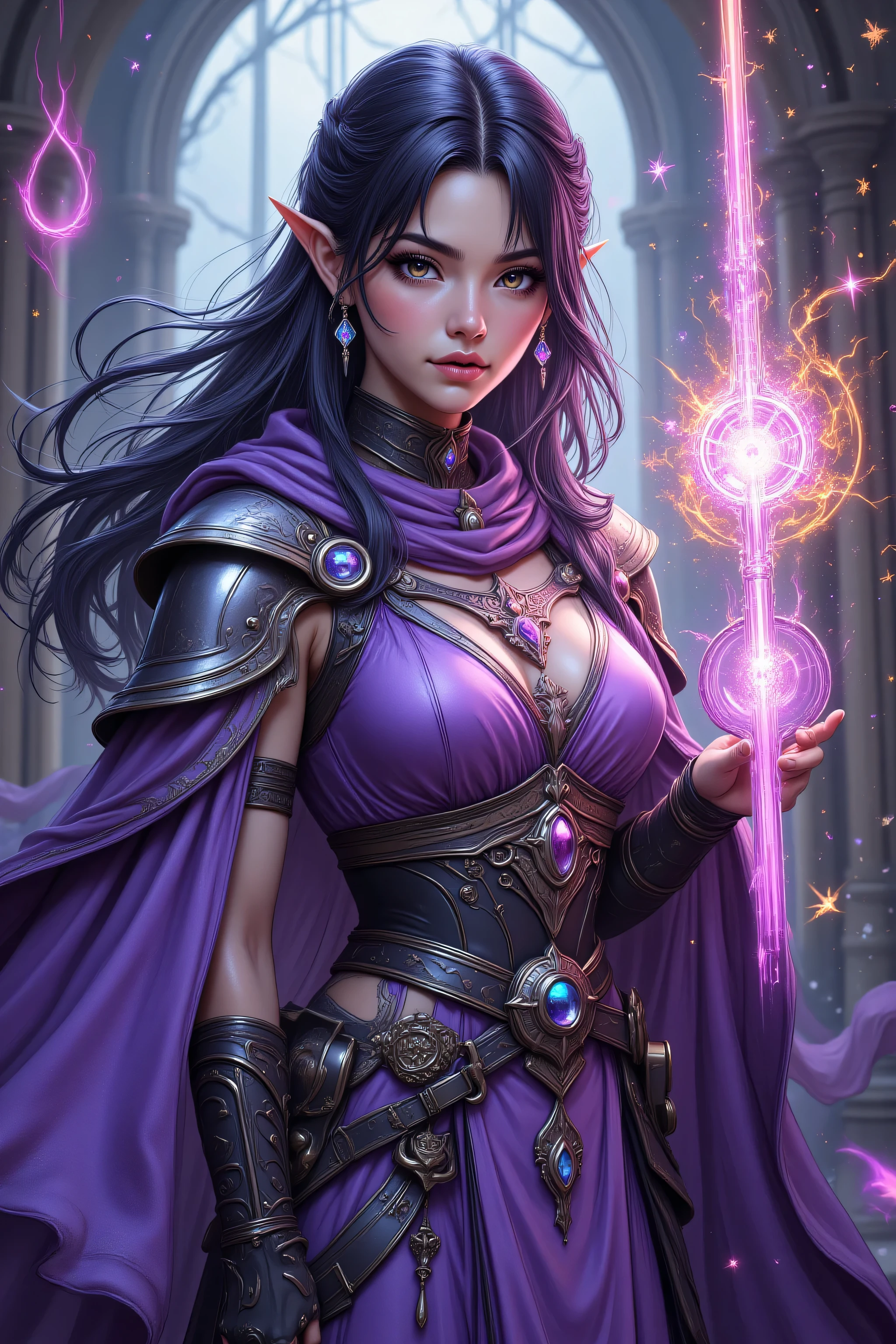 Colorful,zavy-ctcmcs,w1n,hyp3rd3tail style,aidmamj6.1,a picture of a female elf (intense details, Masterpiece, best quality) fantasy cleric, fantasy celestial guardian, armed with a holy symbol, shinning holy symbol, metallic shine, an ultra wide shot, full body (intense details, Masterpiece, best quality)epic beautiful woman, rich hair, glowing eyes, action shot, colorful magical sigils in the air, colorful divine markings floating,  holding a holy symbol (intricate details, Masterpiece, best quality), fantasy urban street (intense details, Masterpiece, best quality),  purple cloak, long cloak, orange armor, sense of daring, sense of adventure,  high details, best quality, 16k, [ultra detailed], masterpiece, best quality, (extremely detailed), dynamic angle, ultra wide shot, photorealistic, RAW, fantasy art, dnd art,fantasy art, realistic art,