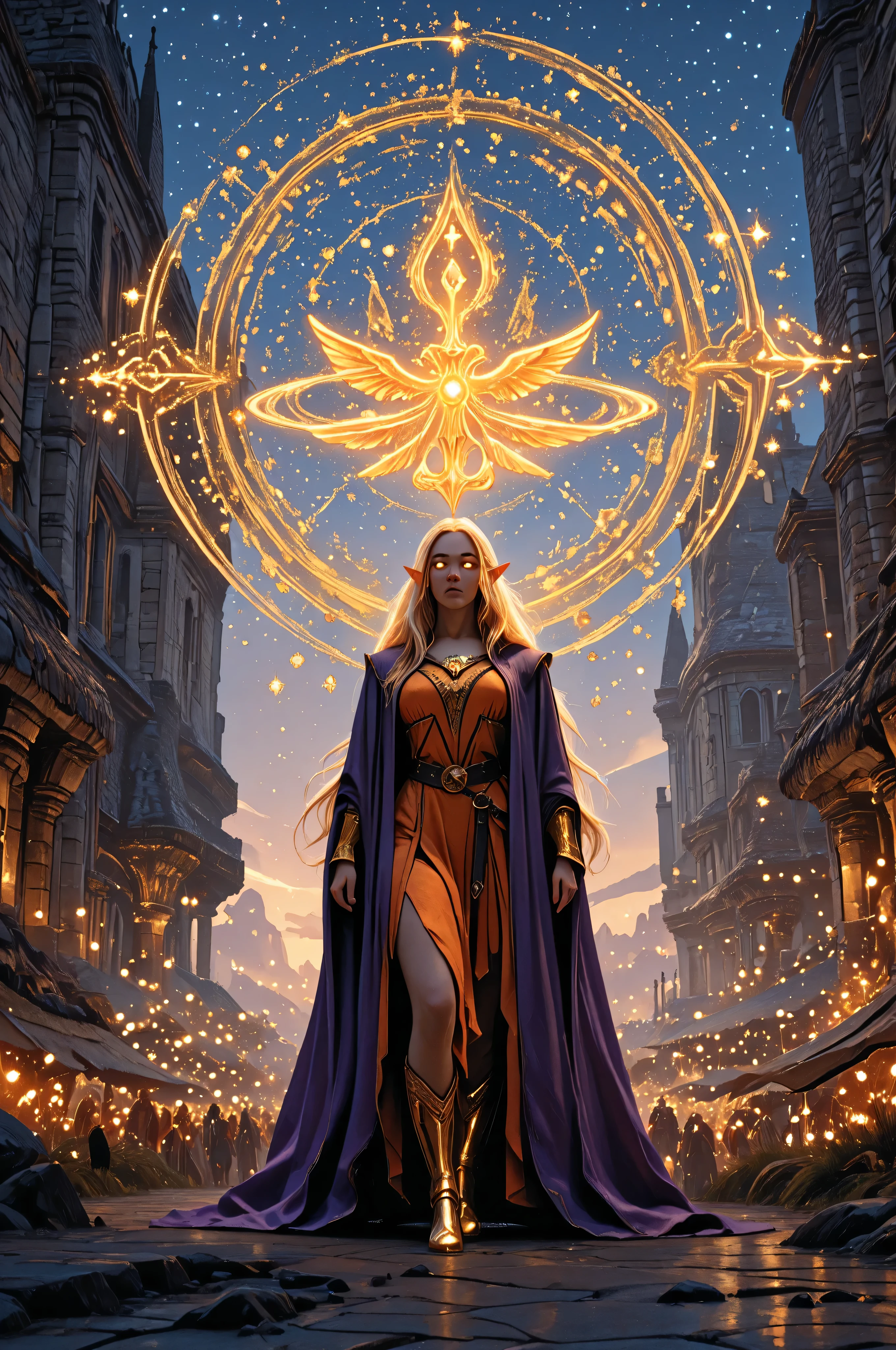 fantasy,elf, pointed ears,elven ,a portrait a female elf (intense details, Masterpiece, best quality) fantasy cleric, fantasy celestial guardian, armed with a holy symbol, shinning holy symbol, metallic shine, an ultra wide shot, epic beautiful woman, rich hair, glowing eyes, action shot, colorful magical sigils in the air, colorful divine markings floating,  holding a holy symbol (intricate details, Masterpiece, best quality), fantasy urban street (intense details, Masterpiece, best quality),  purple cloak, long cloak, orange armor, sense of daring, sense of adventure,  high details, best quality, 16k, [ultra detailed], masterpiece, best quality, (extremely detailed), dynamic angle, ultra wide shot, photorealistic, RAW, fantasy art, dnd art,fantasy art, realistic art, Celestial Fantasy, zavy-ctcmcs, w1n, hyp3rd3tail style