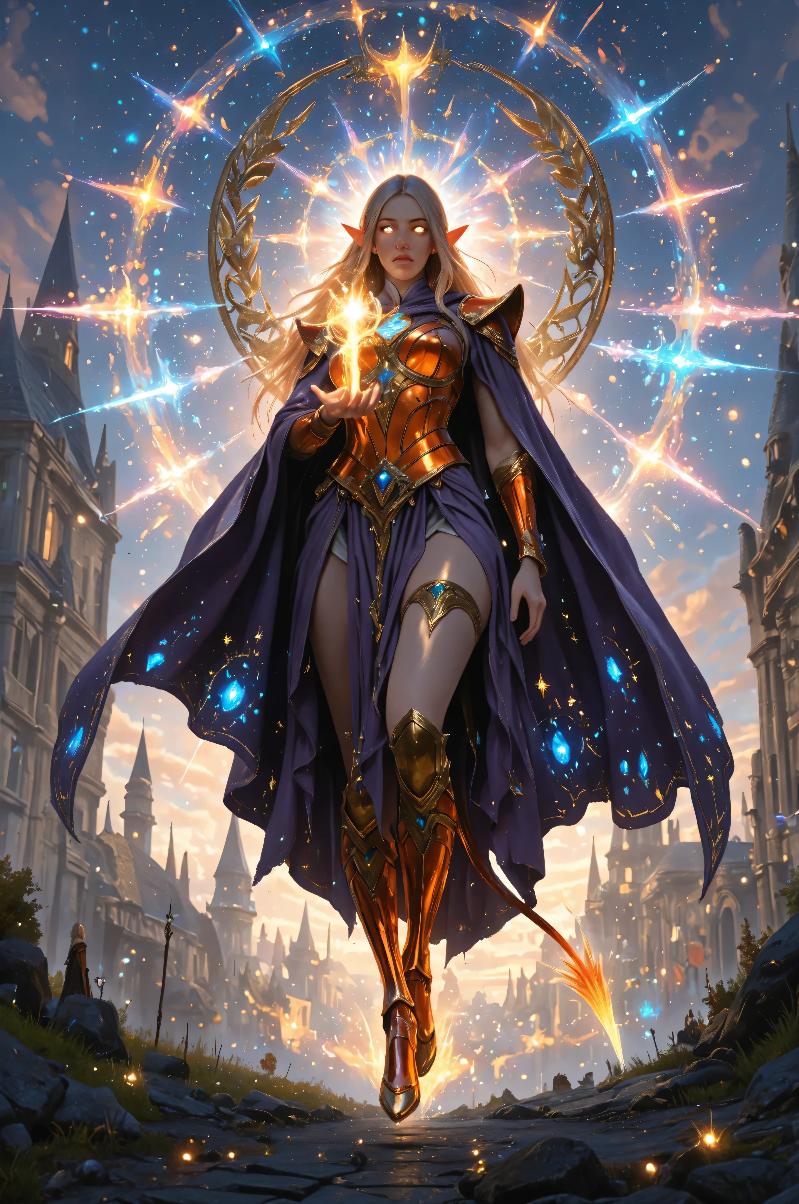 fantasy,elf, pointed ears,elven, a portrait of a female elf (intense details, Masterpiece, best quality) fantasy cleric, fantasy celestial guardian, armed with a holy symbol, shinning holy symbol, metallic shine, an ultra wide shot, full body (intense details, Masterpiece, best quality)epic beautiful woman, rich hair, glowing eyes, action shot, colorful magical sigils in the air, colorful divine markings floating,  holding a holy symbol (intricate details, Masterpiece, best quality), fantasy urban street (intense details, Masterpiece, best quality),  purple cloak, long cloak, orange armor, sense of daring, sense of adventure,  high details, best quality, 16k, [ultra detailed], masterpiece, best quality, (extremely detailed), dynamic angle, ultra wide shot, photorealistic, RAW, fantasy art, dnd art,fantasy art, realistic art, Celestial Fantasy, zavy-ctcmcs, w1n, hyp3rd3tail style