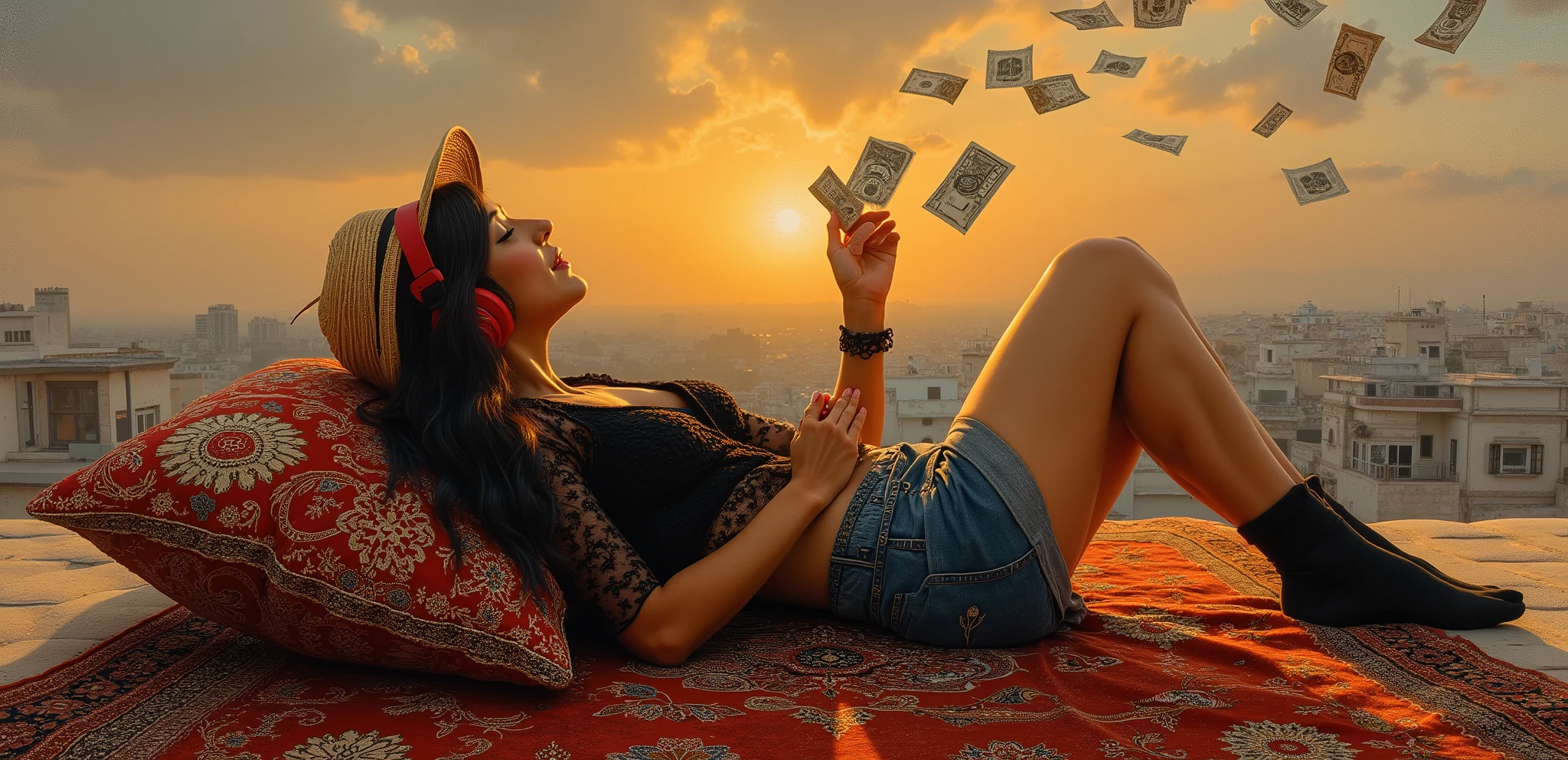 created a painting with oil painting with huge details , In the style of the artist Leonardo Davinci , In the era of the European renaissance , A fully detailed painting of an Arab woman lying on the roof of the house on an Arab carpet holding a collection of banknotes and throwing them in the sky and looking half-smiling at the sky during the sunset.. Decorated pillows surround her, her thick black hair has a wicker hat on it. Her hair falls on her shoulders as if it were shiny silk .
The woman wears a short skirt made of jeans and a black lace shirt decorated in white and red, red headphones and a black sock. She rests on an embroidered pillow. At the back, we see distant houses with their windows lit, a picture that seems cinematic, the angle of view from the top is near the feet, and the frame is full of the woman in the picture.