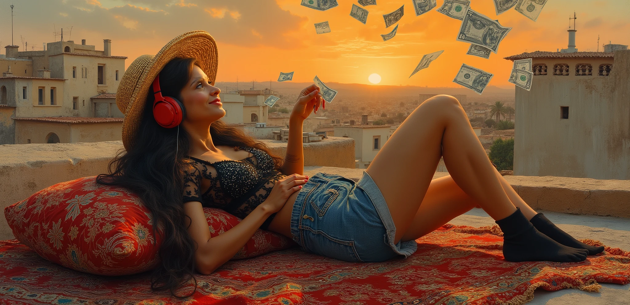 created a painting with oil painting with huge details , In the style of the artist Leonardo Davinci , In the era of the European renaissance , A fully detailed painting of an Arab woman lying on the roof of the house on an Arab carpet holding a collection of banknotes and throwing them in the sky and looking half-smiling at the sky during the sunset.. Decorated pillows surround her, her thick black hair has a wicker hat on it. Her hair falls on her shoulders as if it were shiny silk .
The woman wears a short skirt made of jeans and a black lace shirt decorated in white and red, red headphones and a black sock. She rests on an embroidered pillow. At the back, we see distant houses with their windows lit, a picture that seems cinematic, the angle of view from the top is near the feet, and the frame is full of the woman in the picture.