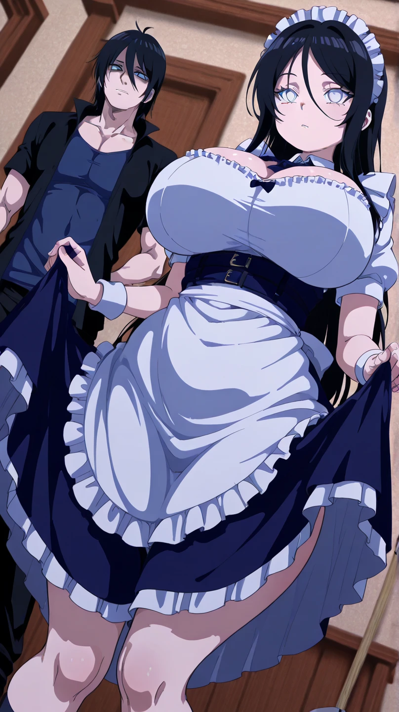((pink nipples,nsfw,masturbation,breast milk,inverted nipples,aroused,topless,show off nipple,panty shot ,spread legs,sexy T-back,curvy,1girl)), solo, Super huge breasts,plump,Whipped thighs,upper body, portrait, smile, ahoge, sidelocks, wide sleeves, hair over one eye, (((maid))), looking at viewer,perfect quality, perfect,high quality,good quality, masterpiece, faultless,HDR, UHD