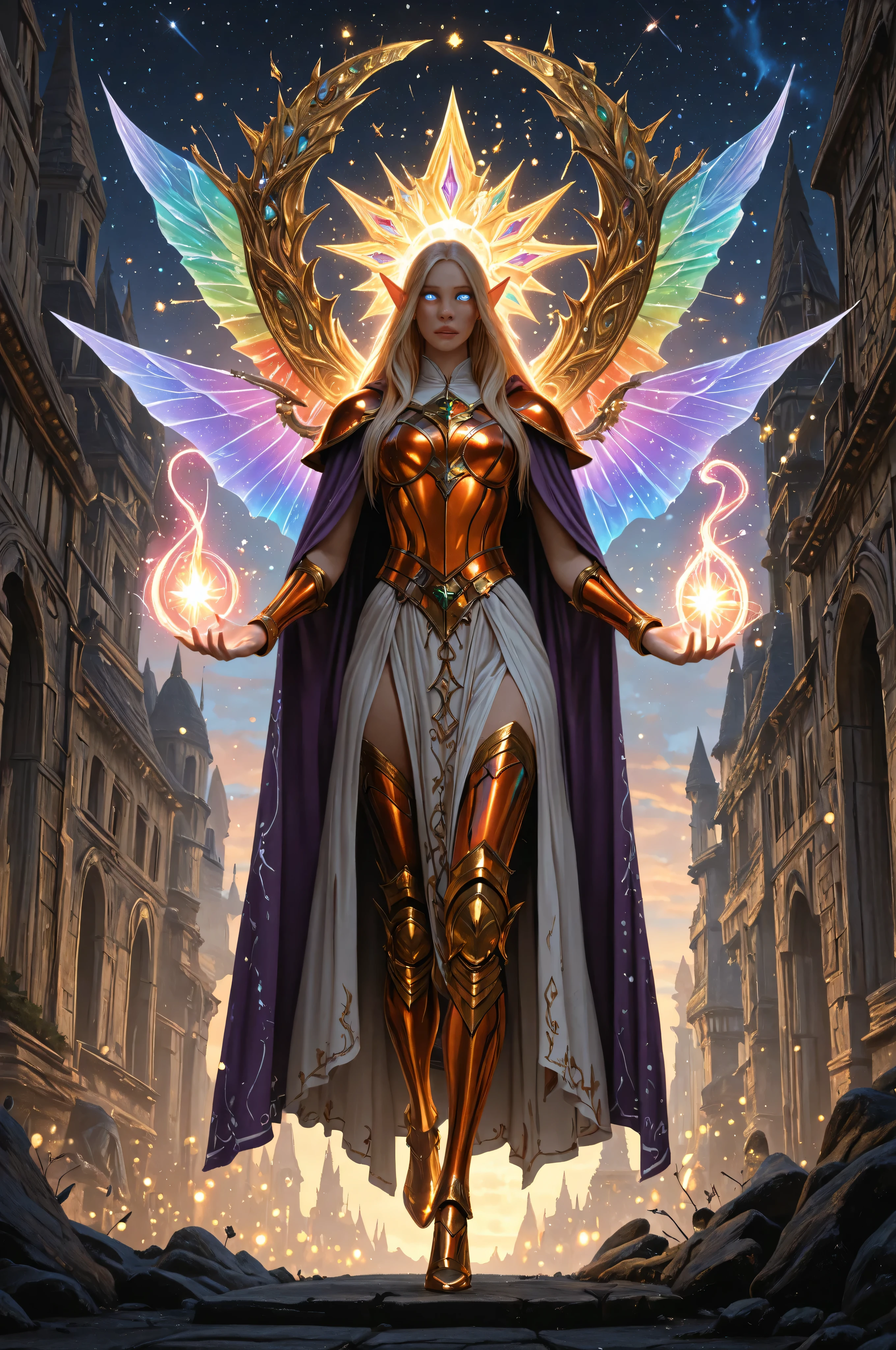 fantasy,elf, pointed ears,elven, a portrait of a female elf (intense details, Masterpiece, best quality) fantasy cleric, fantasy celestial guardian, armed with a holy symbol, shinning holy symbol, metallic shine, an ultra wide shot, full body (intense details, Masterpiece, best quality)epic beautiful woman, rich hair, glowing eyes, action shot, colorful magical sigils in the air, colorful divine markings floating,  holding a holy symbol (intricate details, Masterpiece, best quality), fantasy urban street (intense details, Masterpiece, best quality),  purple cloak, long cloak, orange armor, sense of daring, sense of adventure,  high details, best quality, 16k, [ultra detailed], masterpiece, best quality, (extremely detailed), dynamic angle, ultra wide shot, photorealistic, RAW, fantasy art, dnd art,fantasy art, realistic art, Celestial Fantasy, zavy-ctcmcs, w1n, hyp3rd3tail style