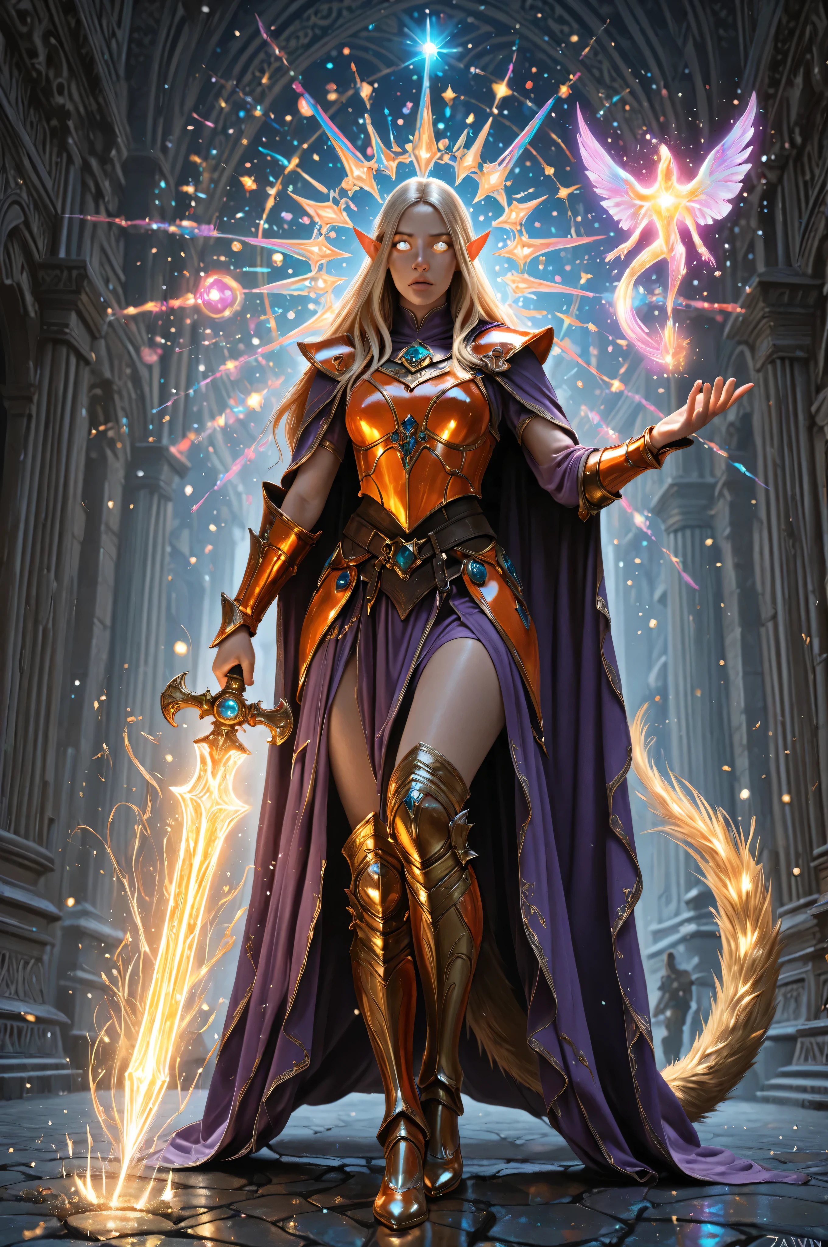 fantasy,elf, pointed ears,elven, a portrait of a female elf (intense details, Masterpiece, best quality) fantasy cleric, fantasy celestial guardian, armed with a holy symbol, shinning holy symbol, metallic shine, an ultra wide shot, full body (intense details, Masterpiece, best quality)epic beautiful woman, rich hair, glowing eyes, action shot, colorful magical sigils in the air, colorful divine markings floating,  holding a holy symbol (intricate details, Masterpiece, best quality), fantasy urban street (intense details, Masterpiece, best quality),  purple cloak, long cloak, orange armor, sense of daring, sense of adventure,  high details, best quality, 16k, [ultra detailed], masterpiece, best quality, (extremely detailed), dynamic angle, ultra wide shot, photorealistic, RAW, fantasy art, dnd art,fantasy art, realistic art, Celestial Fantasy, zavy-ctcmcs, w1n, hyp3rd3tail style
