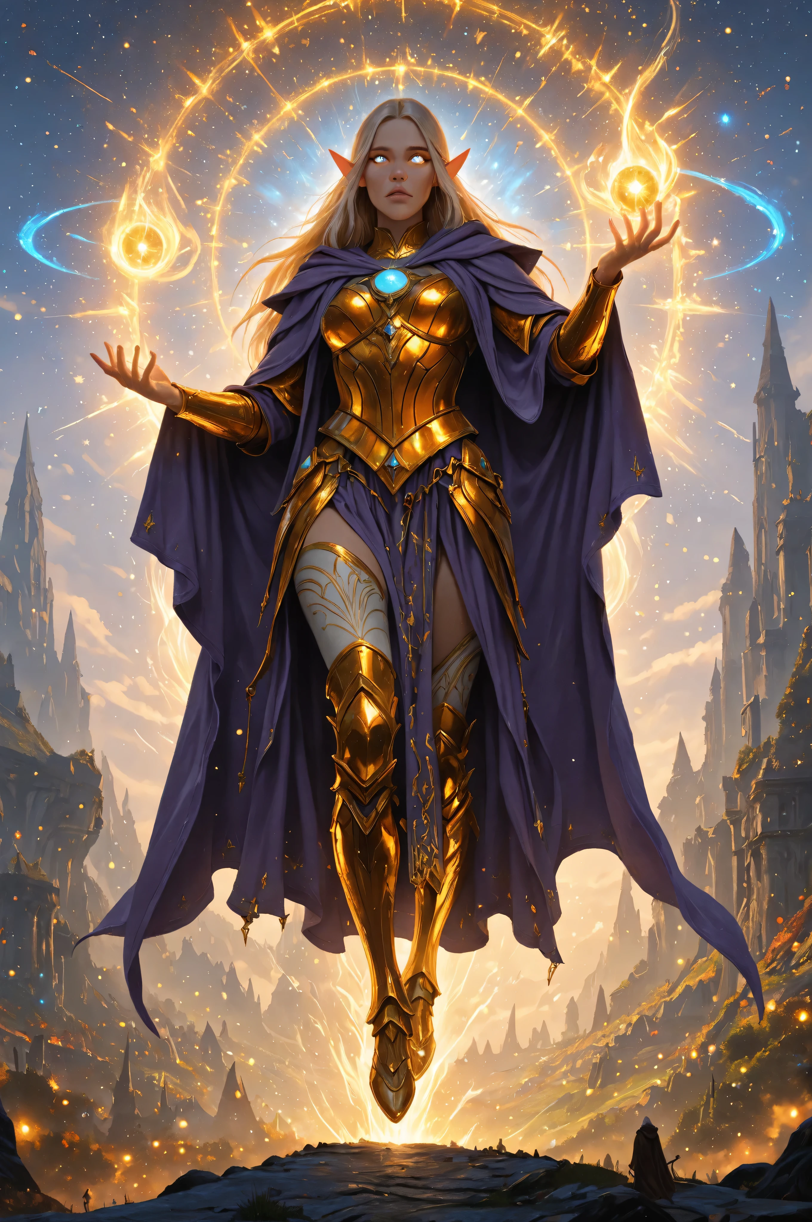 fantasy,elf, pointed ears,elven, a portrait of a female elf (intense details, Masterpiece, best quality) fantasy cleric, fantasy celestial guardian, armed with a holy symbol, shinning holy symbol, metallic shine, an ultra wide shot, full body (intense details, Masterpiece, best quality)epic beautiful woman, rich hair, glowing eyes, action shot, colorful magical sigils in the air, colorful divine markings floating,  holding a holy symbol (intricate details, Masterpiece, best quality), fantasy urban street (intense details, Masterpiece, best quality),  purple cloak, long cloak, orange armor, sense of daring, sense of adventure,  high details, best quality, 16k, [ultra detailed], masterpiece, best quality, (extremely detailed), dynamic angle, ultra wide shot, photorealistic, RAW, fantasy art, dnd art,fantasy art, realistic art, Celestial Fantasy, zavy-ctcmcs, w1n, hyp3rd3tail style