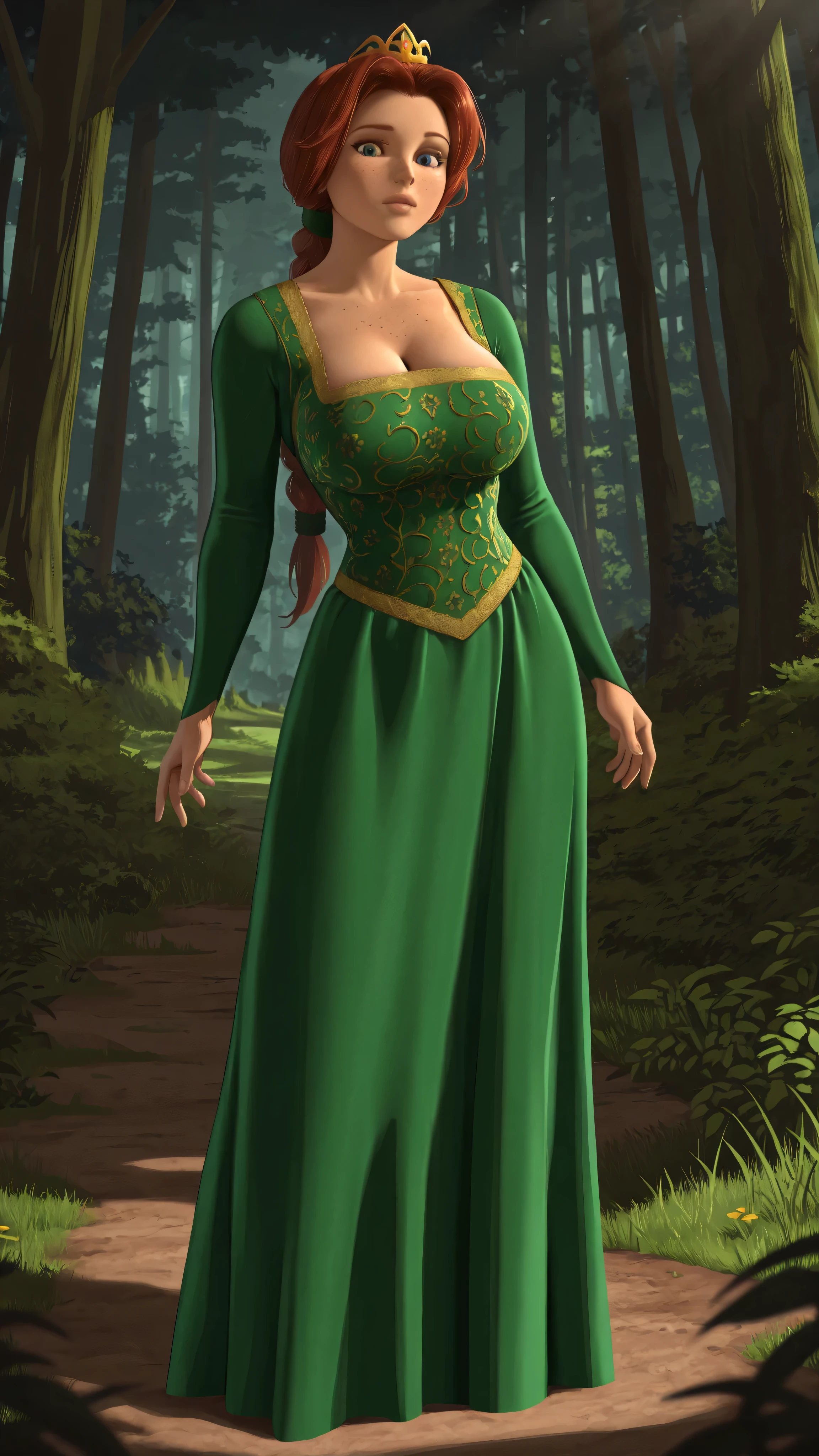 masterpiece, best quality, Princess Fiona, 1girl, solo, blue eyes, freckles, lips, red hair, long hair, braided ponytail, green hair tie, crown, shrek 1 dress, green dress, plano medio, caderas grandes, tetas grandes, looking at viewer, forest, full body, huge breasts