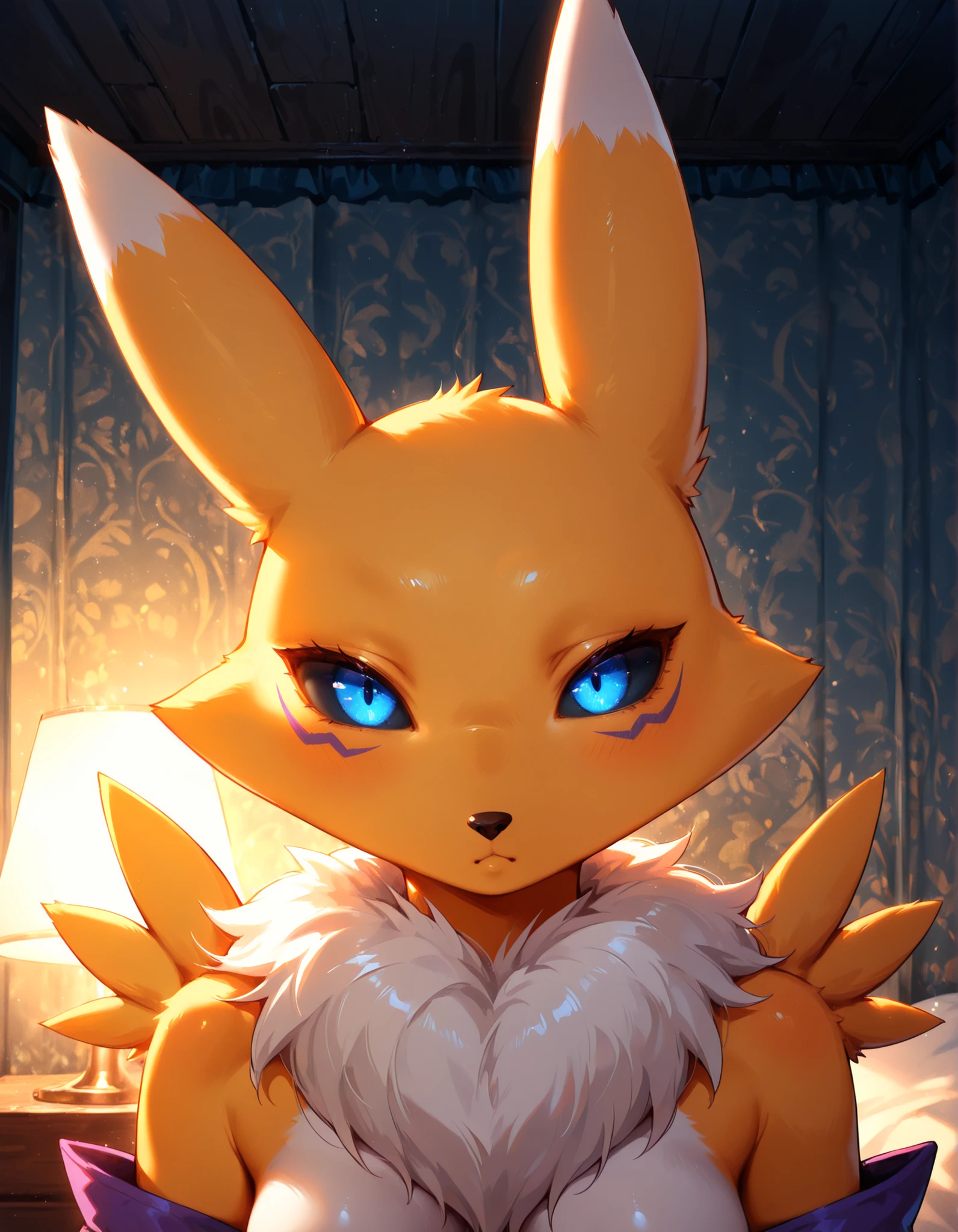 renamon, furry female, anthro, fox girl, portrait, solo, (body fur:1.2), (best quality), bedroom background, dark romantic lighting, (detailed fluffy fur:1.1), looking at viewer, blue eyes, featureless breasts,
