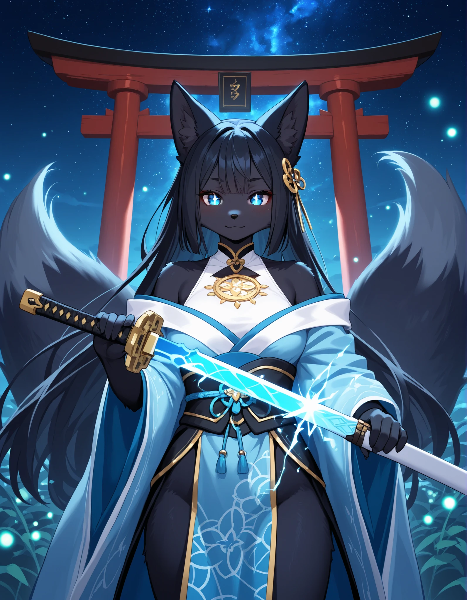 a cute kitsune furry, solo, serene and blessed expression, ethereal fabric, celestial patterns, shining blue fox eyes, holy sword, sparkling electricity, glowing fireflies, holding a holy sword up to her shoulder with her right paw, weapon, focus, sword, solo, unsheathing, long flowing tails, black fur and long black hair, sheath, night sky background, torii gate, looking at viewer, shoulders bare, mystical fox aura