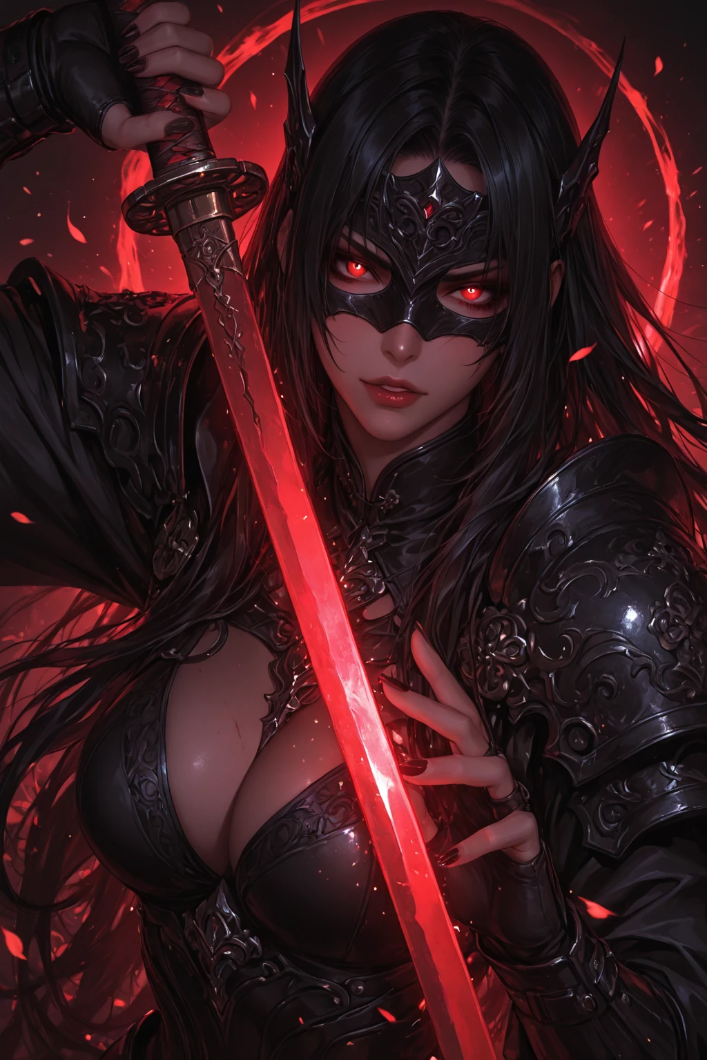 ((masterpiece, ultra detailed)), 1girl, solo, (upper body portrait), <lora:baikenGuiltyGear:1.0>, baikenms, (stunningly beautiful), large breasts, beautiful face, beautiful eyes, battle-stance ready, dynamic pose, <lora:lowra:0.7>, dark theme, hdr, HDR, bloom, volumetric lighting, emissive lighting, high intensity lighting, glowing, dramatic lighting, dark lighting, (ornate), digital art, trending on artstation, award winning, fascinating, elegant, RAW photo, absurdres, 8k uhd