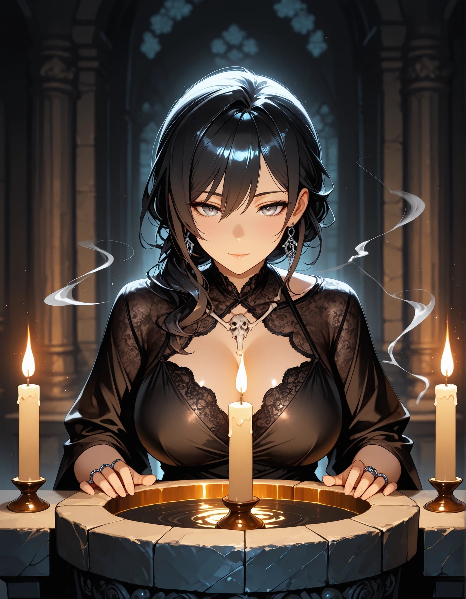solo, {((female)), ((mature:9)), voluptuous body, unnervingly youthful face, long raven-black hair with subtle streaks of silver, glowing black-grey eyes, expression elegant and cruel, large breasts accentuated by black lace mourning gown, bone jewelry at throat, hands adorned with rings, posture commanding and seductive}, [BREAK] ritual chamber with black candles burning, stone altar etched with sigils, incense smoke curling in shadows, Rift fog pressing against walls, [BREAK] general, masterpiece, masterwork, best quality, highres, cinematic composition, ultra-detailed lace and fabric textures, eyeshd, high gradient eyes, detailed eyes, photoreal semi-cinematic style, perfect hands