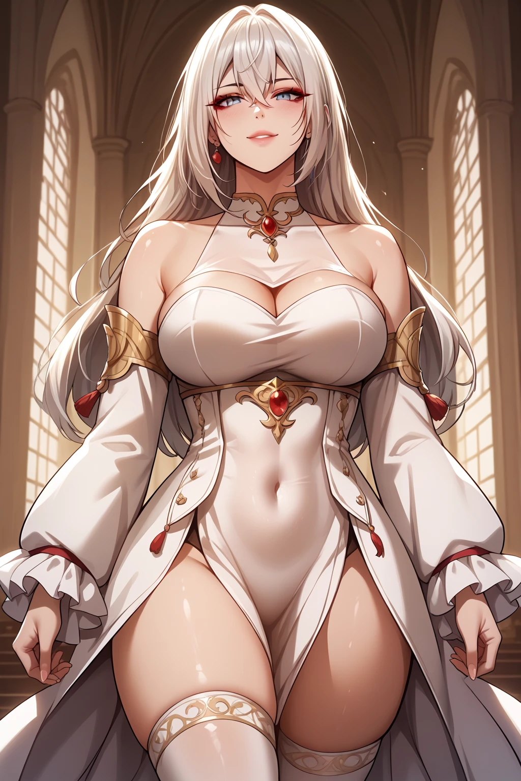 (((masterpiece,high resolution,best quality))), 1girl, solo,wine bottle,bare legs, large breasts, lying, on back, petals, looking at viewer, armpits, open mouth, solo, blush, wet clothes, heart, arms up, wet, bed sheet, origin, 1girl, red cape, boots, gloves, epaulettes, black corset, corset, black gloves, :d, black skirt, Pirotess, (yellow eyes), white hair, silver hair, very long hair, straight hair, solo, adult woman, tall, slightly muscular, large breasted, cleavage, constricted waist, Toned body, slight abs, thin dark skin, pointy ears, lipstick, makeup, black eyeshadow, circlet, white short dress, jewelry, bracelet, white gloves, thigh boots