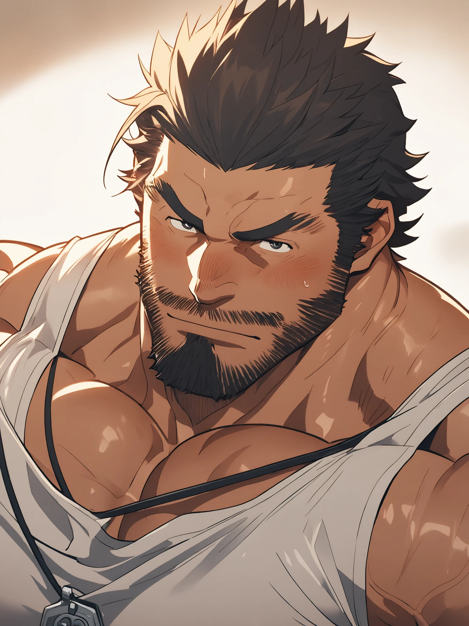 muscular,barba, cabelo preto, mal-humorado, Huge chest muscles,, standing, close up, looking at the viewer, olhando para baixo, de baixo, upper body, close-up, mamilos pequenos, nipple slip, peitorais grandes, peitorais enormes, peitorais massivos, foco peitoral, lateral, tank top, Grande, peito enorme, sem camisa, muscular, volumoso, macho musculoso, apenas,fundo simples, sexy, bara