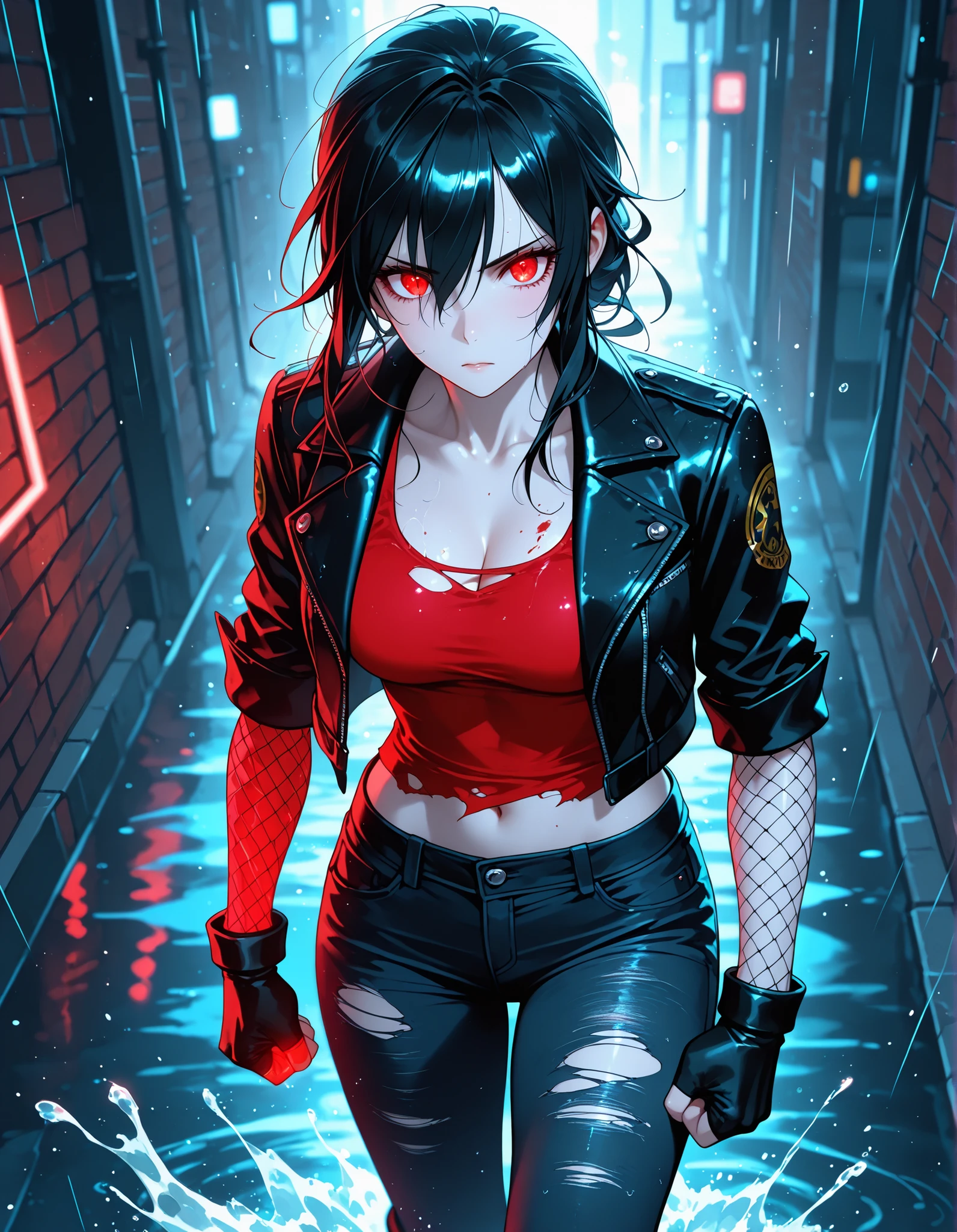 solo, half body, {((female)), ((mature:9)), slim toned body, height 5’6”, long tangled black hair damp with rain, glowing ((red eyes)), pale skin marked with bruises and scrapes, expression defiant but exhausted, ripped black leather jacket slipping from shoulders, torn bloodstained tank top clinging to wound, shredded fishnet sleeves on arms, fingerless gloves, ripped jeans, combat boots splashing in puddles, fists raised}, [BREAK] neon-lit rain-soaked alleyway at night, brick walls slick with water, puddles reflecting red and blue lights, fog drifting low, [BREAK] general, masterpiece, best quality, highres, cinematic composition, ultra-detailed clothing and rain textures, eyeshd, high gradient eyes, detailed eyes, photoreal semi-cinematic style, perfect hands