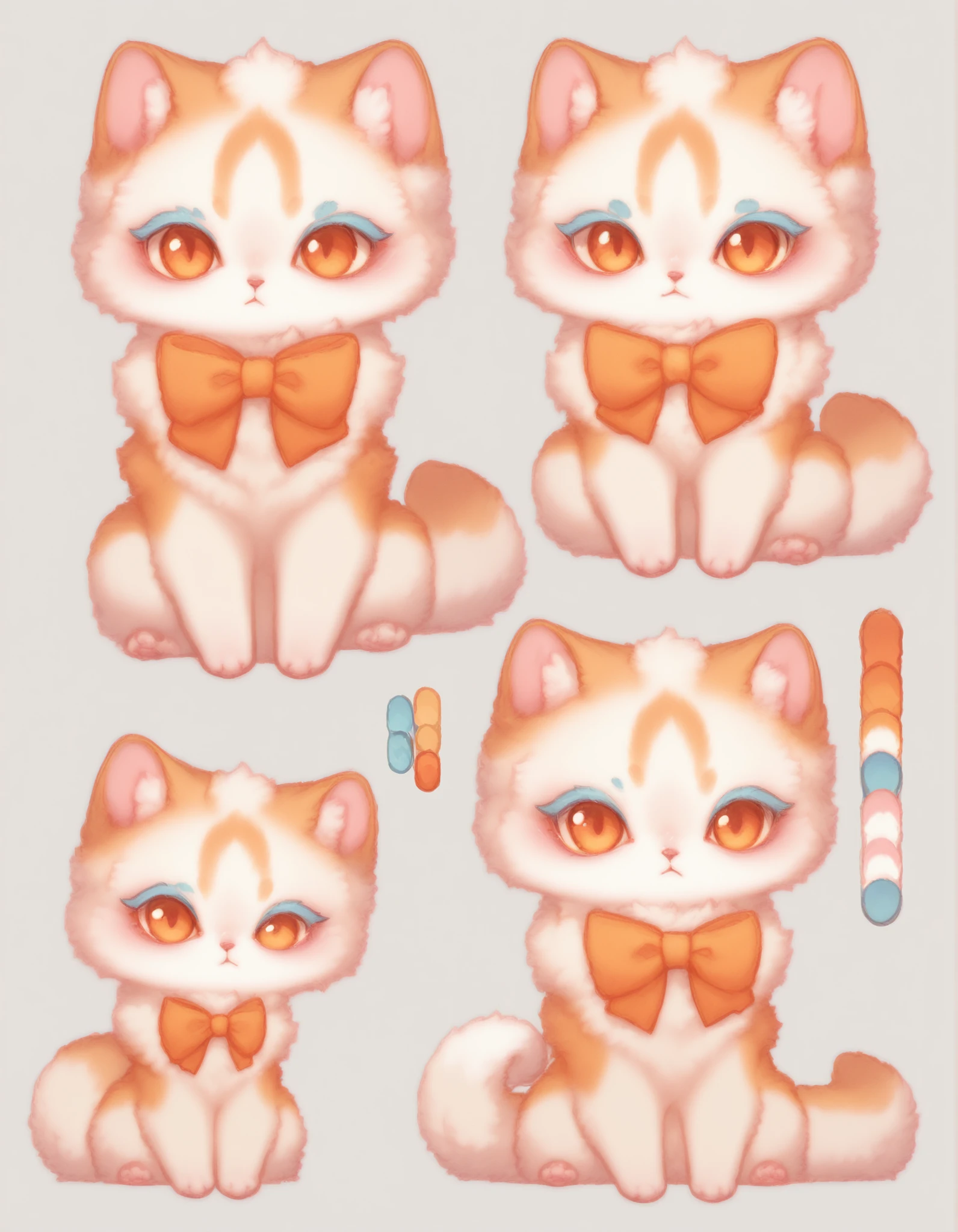 Reference material, simple white background, (color guide: 1.2), (multi view), (whole body), dynamic pose,Beast, white fur,, fictional creatures,Looks like a white Shiba Inu, stares at the front, sees paws, plays the ukulele, chibi character, , sitting pose, fluffy body hair, rich neck hair,Chibi, soft pink and white fluffy fur, orange eyes, blue eyelashes, orange ribbon bow, orange feathers, small floral floral ornament, hand like a cat,head of the head A pose sitting with a raised front leg,A cat-like body, white body hair, small corner