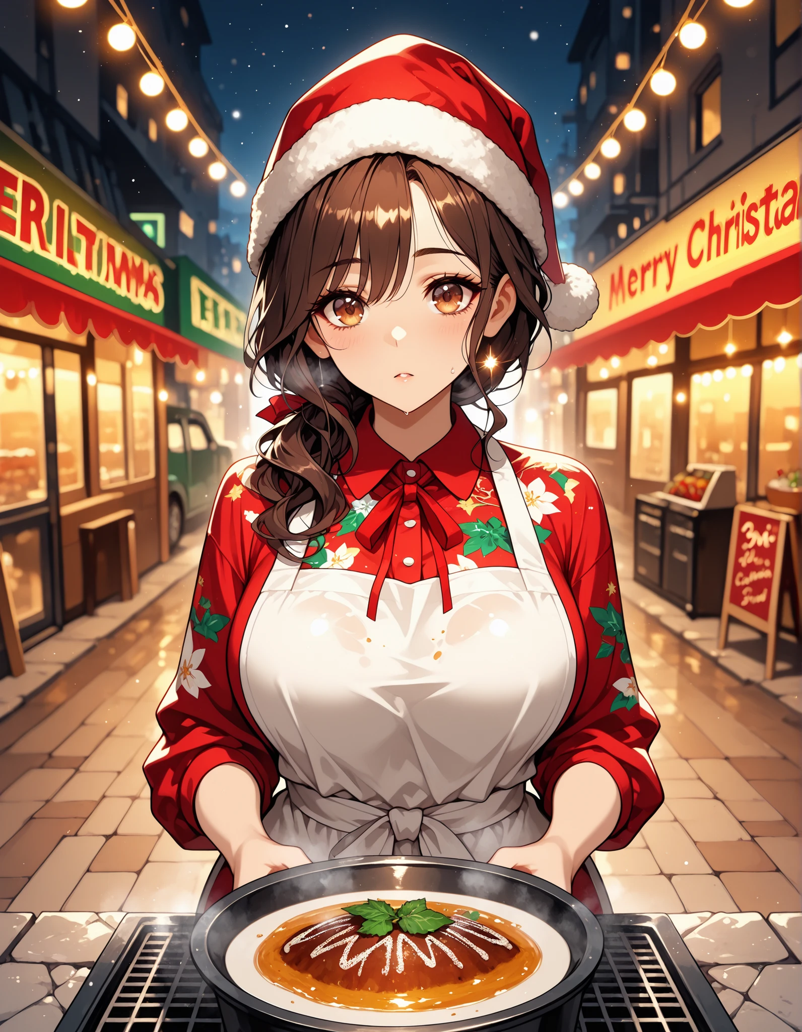 solo, {((female)), ((mature:9)), voluptuous curvy body, warm caramel skin glowing in holiday lights, large breasts accentuated by festive blouse, dark wavy hair tied up in a practical updo with loose curls, glowing warm ((brown eyes)), youthful sweet face, expression nurturing but intense, wearing colorful floral blouse with white apron dusted in flour, festive red Santa hat tipped askew, red ribbons at waist, hands holding steaming plate of tacos, posture confident but tender}, [BREAK] Christmas Eve street corner, festively decorated Mexican food truck with string lights and wreaths, grill smoke rising into cold winter air, neon reflections on wet pavement, [BREAK] general, masterpiece, best quality, highres, cinematic composition, ultra-detailed fabric and hair textures, holiday lighting shimmer, eyeshd, high gradient eyes, photoreal semi-cinematic style, perfect hands