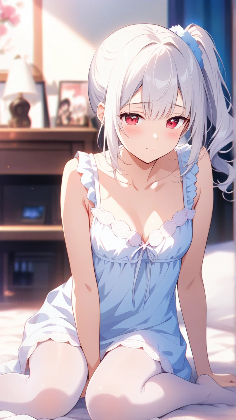 (looking forward view:1.3), solo, cute face, mix color hair, spacebun, blurtbangs, sexy eyeliner, nightgown, collarbone, blush, embarrassing, see-through, lace trimming, (embarrassed and surprised expression), (I'm the main character:1.2), quietly, indoors, bedroom, bed, kneeling on bed, movie theater lights,