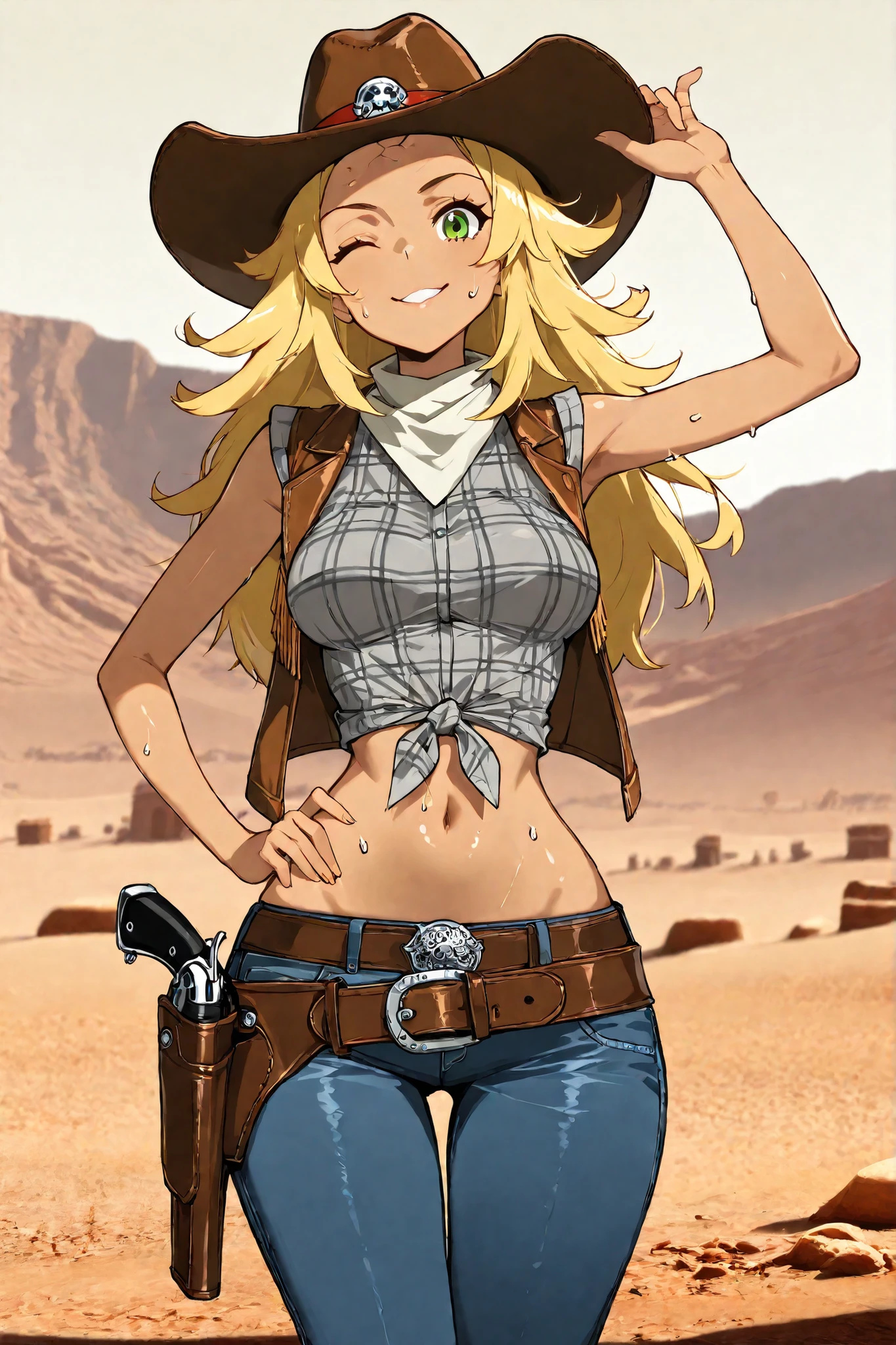 masterpiece, best quality, ultra detailed, 8k, high resolution, professional photography, cinematic lighting, athletic body, medium breasts, wide hips, intricate details, sharp focus, 1 girl solo. blond hair, long hair, messy hair, tanned, green eyes, Gray plaid shirt, button-down shirt, visible navel, tied shirt, short leather sleeveless jacket, sleeves up, Jeans, leather belt, cowboy hat, Pistol holster on the waist, Looking at the viewer, smile playful smile, perky breasts, sweat on forehead, hand on waist, Winking an eye, flirtatious wink, posing sensually. Background in a desert, Wild West.