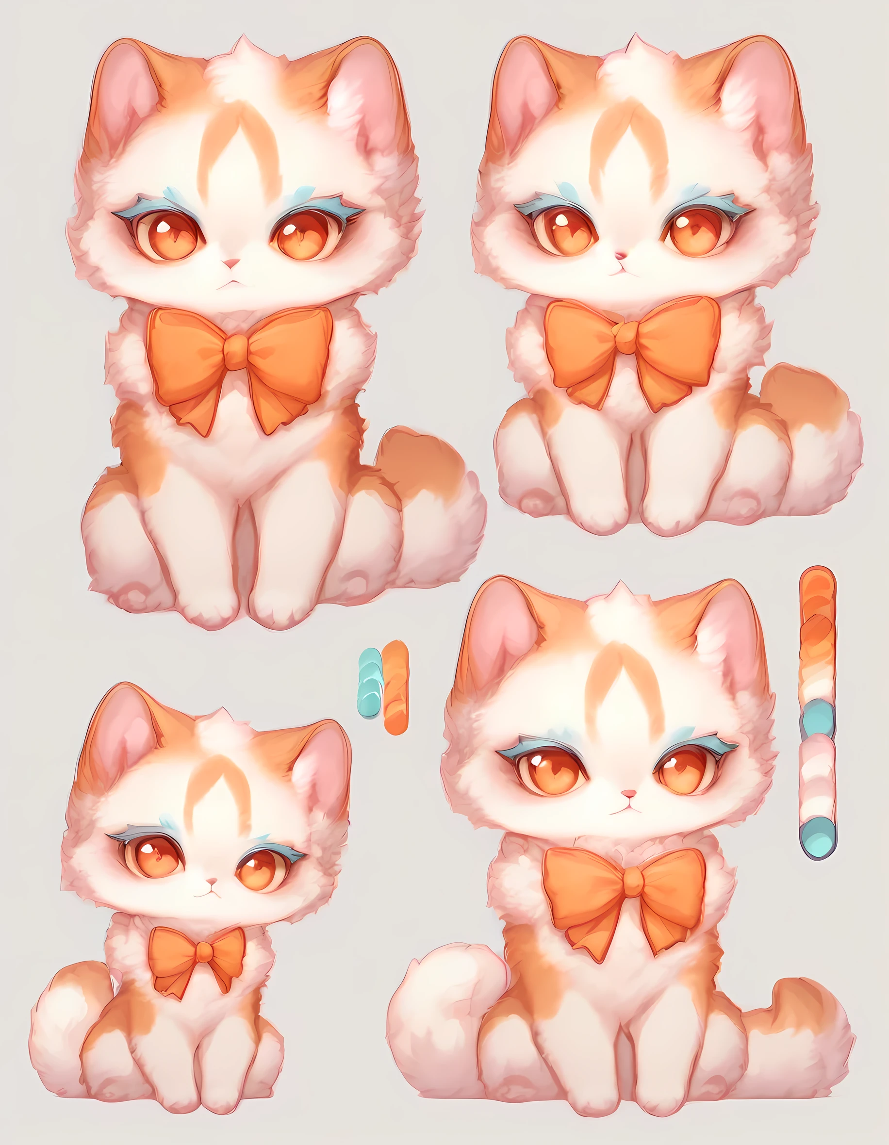 Reference material, simple white background, (color guide: 1.2), (multi view), (whole body), dynamic pose,Beast, white fur,, fictional creatures,Looks like a white Shiba Inu, stares at the front, sees paws, plays the ukulele, chibi character, , sitting pose, fluffy body hair, rich neck hair,Chibi, soft pink and white fluffy fur, orange eyes, blue eyelashes, orange ribbon bow, orange feathers, small floral floral ornament, hand like a cat,head of the head A pose sitting with a raised front leg,A cat-like body, white body hair, small corner