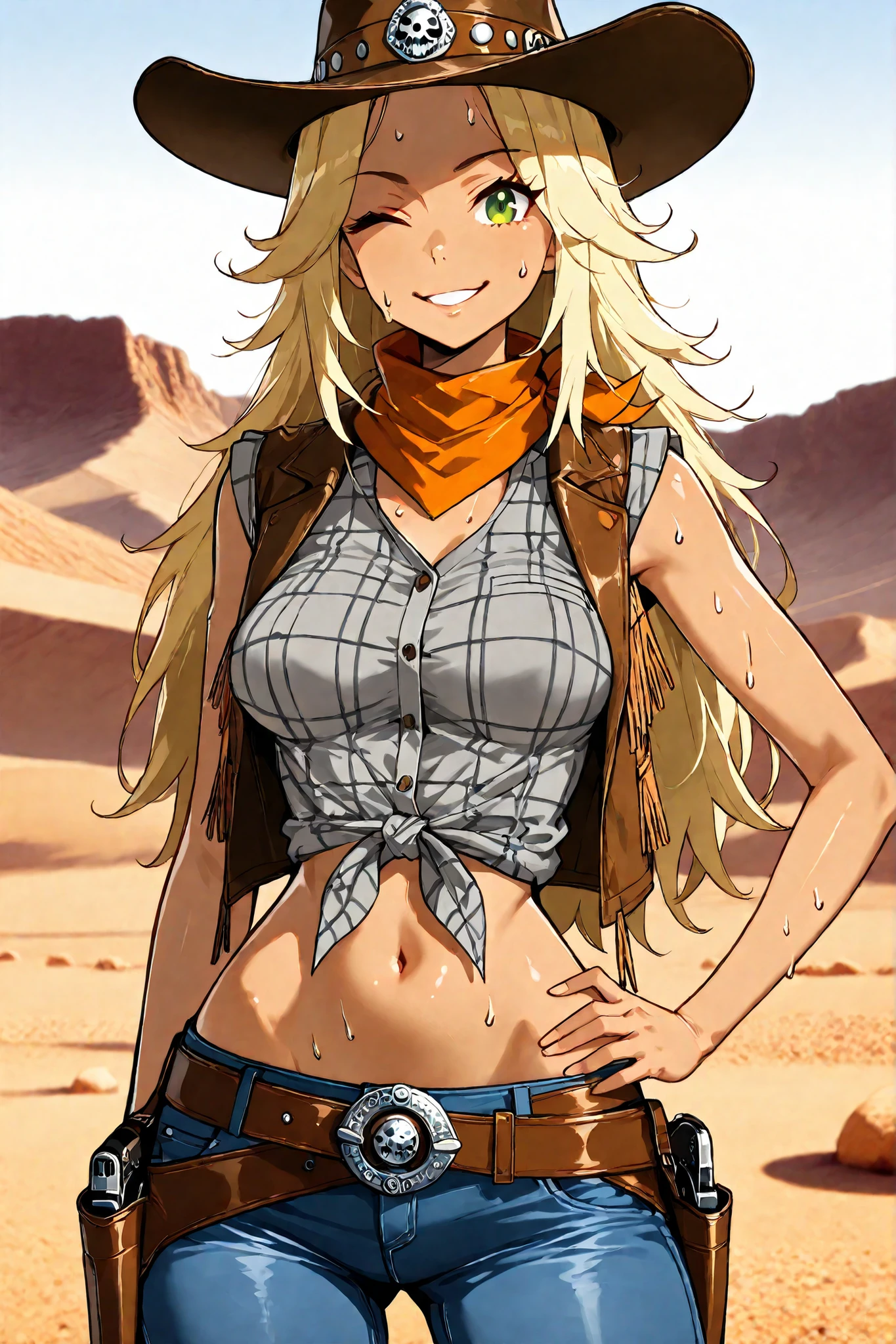 masterpiece, best quality, ultra detailed, 8k, high resolution, professional photography, cinematic lighting, athletic body, medium breasts, wide hips, intricate details, sharp focus, 1 girl solo. blond hair, long hair, messy hair, tanned, green eyes, Gray plaid shirt, button-down shirt, visible navel, tied shirt, short leather sleeveless jacket, sleeves up, Jeans, leather belt, cowboy hat, Pistol holster on the waist, Looking at the viewer, smile playful smile, perky breasts, sweat on forehead, hand on waist, Winking an eye, flirtatious wink, posing sensually. Background in a desert, Wild West.