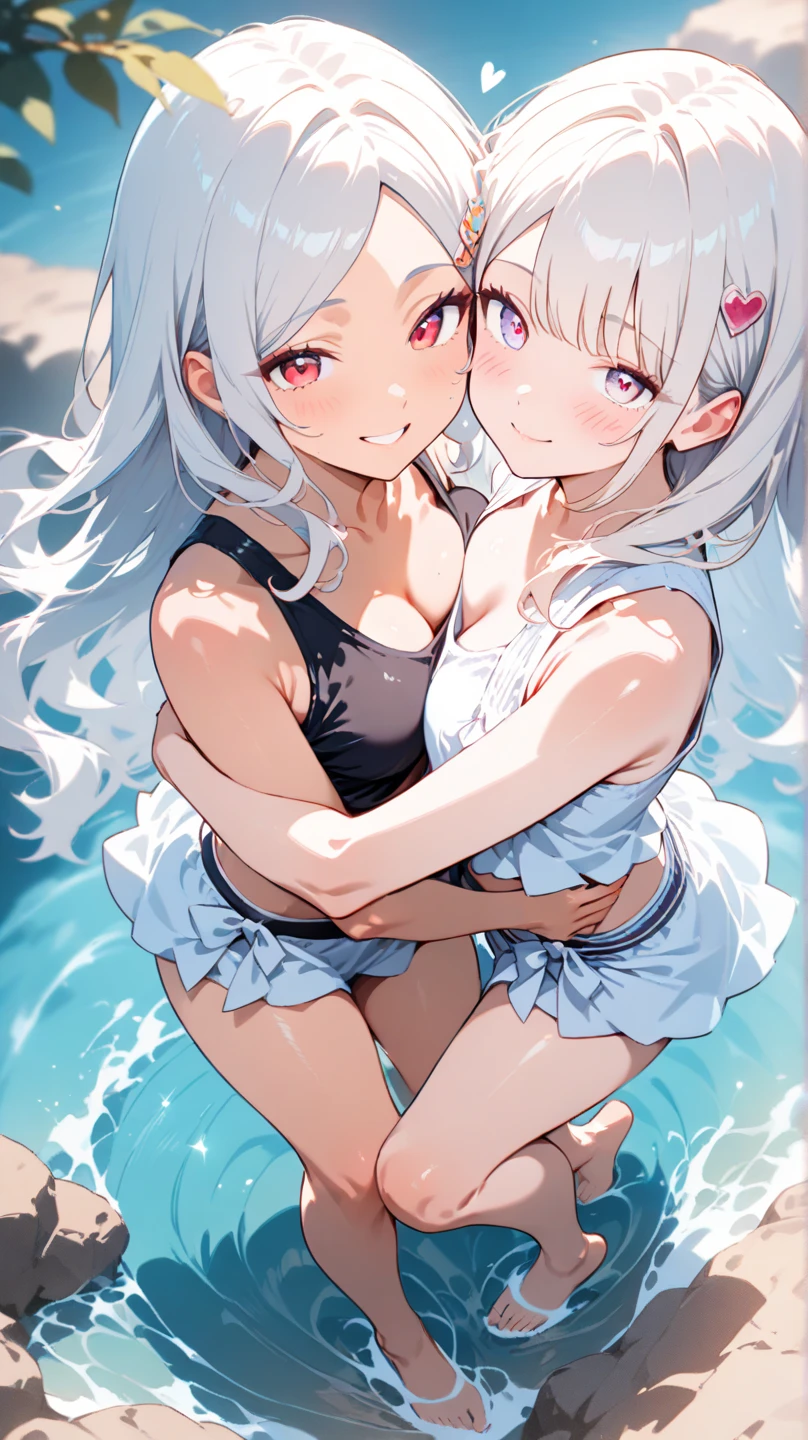 Two women in swimsuits, chest to chest