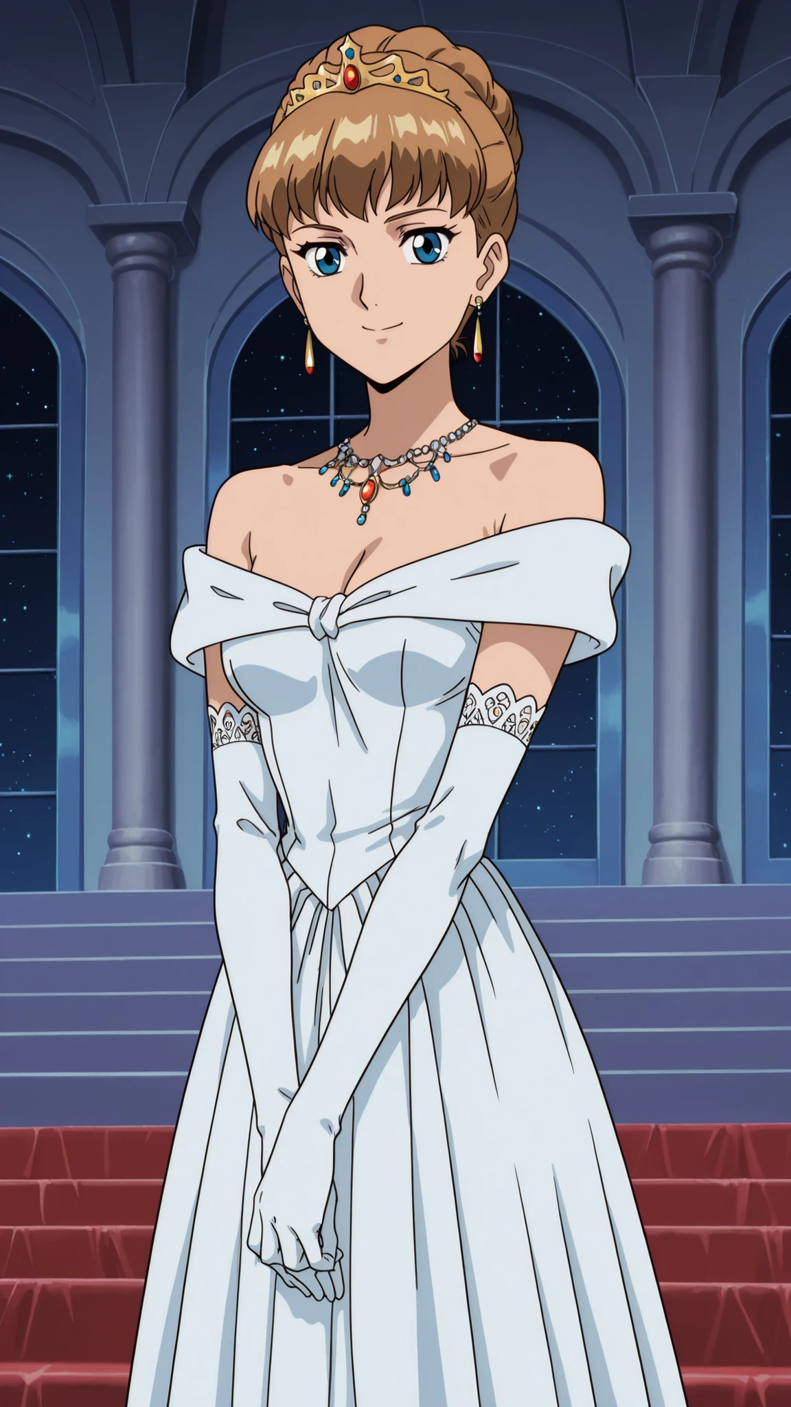 {Highest quality}, {so beautiful}, ((anime coloring,flat color,TV anime style,ultra details)), {Best illustrations},(flat body,very thin,sexy Slim body),solo,1girl,relena,blue eyes,brown hair,hair up,tiara,earrings,jewelry,necklace,white dress,bare shoulders,elbow gloves,(medium breast),(smile),standing,v−arms,Party venue,