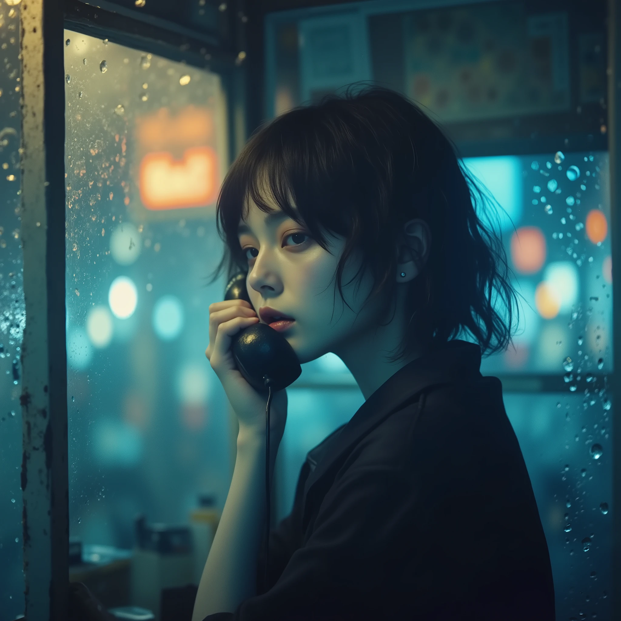 A cinematic, ultra-realistic portrait of a young woman inside a vintage phone booth, speaking on the receiver with a tense, dramatic expression. Outside, rain pours down, streaking across the glass walls and glowing under the reflections of city lights. The scene is inspired by film noir, with strong chiaroscuro lighting and dramatic contrasts, but rendered in a cold, desaturated color palette of deep blues, steel grays, and subtle cyan highlights. Atmosphere of mystery and solitude, enhanced by rain droplets, neon reflections, and moody urban light. High cinematic quality, with film-like texture and emotional intensity.