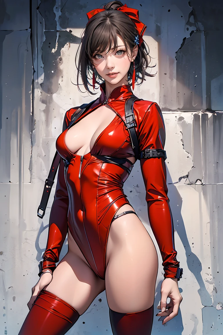 (((best qualityer))), (((perfectbody))), (((1girl))), She is beautiful and deadly, electric powers, lightning comes out of your hands, sparks run through your body, She wears a modern future superhero outfit, your eyes have a red iris, your hair is red pulled back, breasts big, love the league, (((outfit with metallic red and dark gray checkered pattern, Long black boots up to half bare thigh, long black gloves with 3 red stripes, pose de atitude, sexly, Sauvage, expression of hate, Angry, in the background a wall with intricate graffiti done by Shepard Fairey