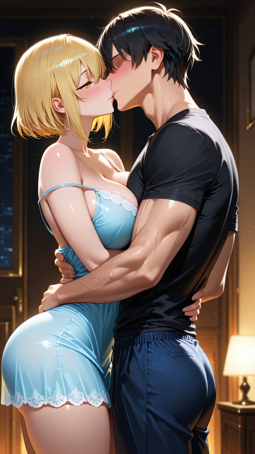 masterpiece, best quality, side cowgirl, mature female, mature male, blonde hair, (breast press, head between breasts:1.2), eye contact, blue eyes, green eyes,
<lora:cowgirl-10:0.5>