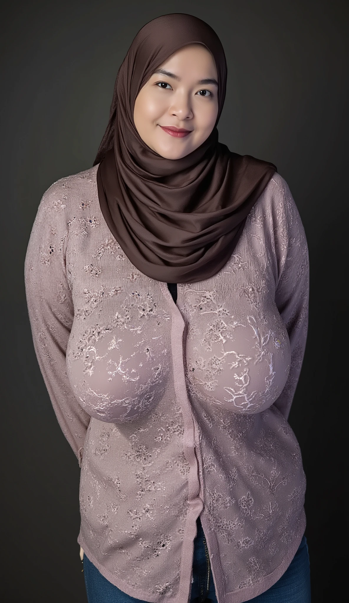a 20 yo woman with slim body and big breast ,hijab,gray sweater,dark theme clothes, soothing tones, muted colors, high contrast, (natural skin texture, hyperrealism, soft light, sharp), simple background, The fabric traces the shape of the body, big breast (big size breast: 1.4) using full covered clothes , giant tits, big breast, bigger breast than torso, gigantic breast, gigantic , using gray sweater with black hijab, naked chest on sweater (showing breast cleavage and belly button)