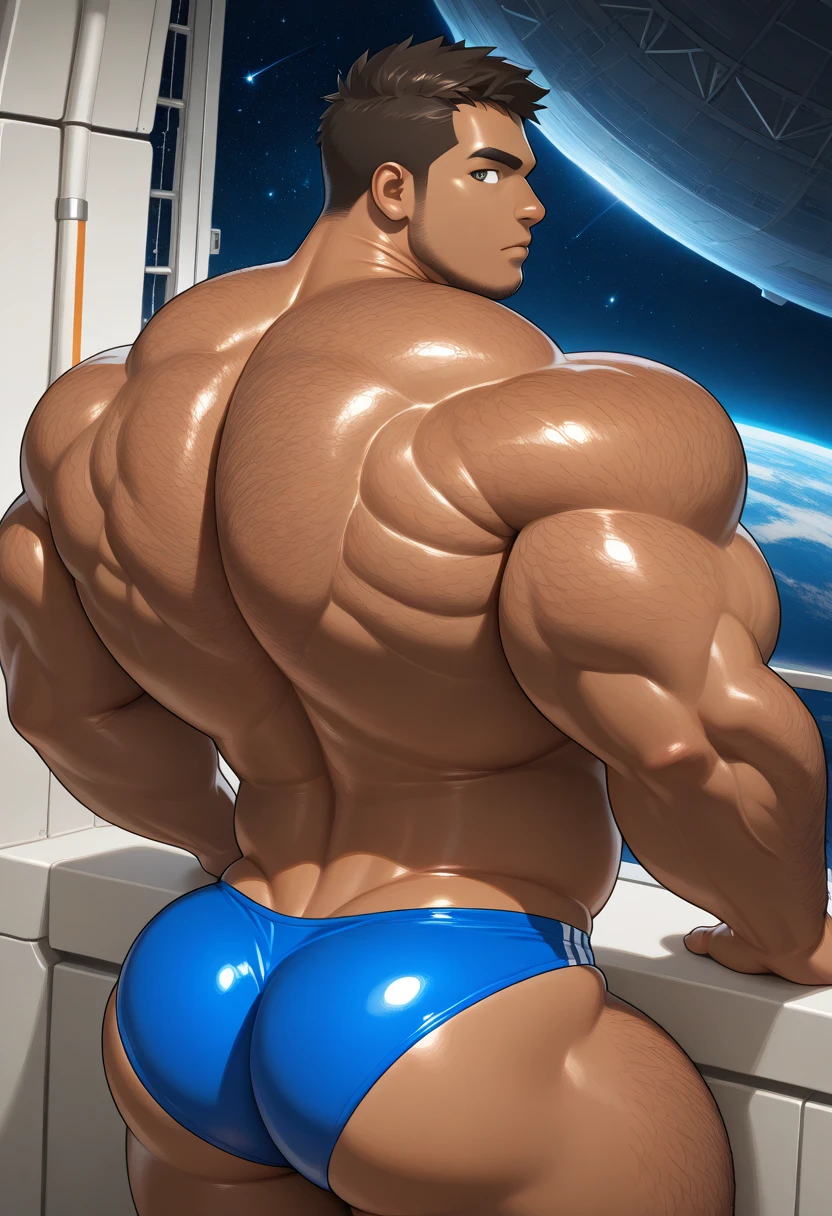 full body portrait, strong burly hairy mature older man(space captain), wearing futuristic captain's uniform insignia (neon and black) (open and revealing) (latex) , gray hair, reflective sunglasses (neon yellow rims), broad shoulders, round belly, thick feet, bulging micro ?????, barefoot, scifi spaceship captain uniform, neon lights, best quality elegant masterpiece, face looks like Tom Selleck (Magnum PI) , military buzzcut, dark mustache, gray stubble, latex, wearing a latex ?????, big bulging ??????, futuristic gear equipment, wearing see through plastic ????? armor (neon yellow and electric blue), wearing neon yellow see through ????? armor, wearing electric blue latex chaps(see-through) , wearing cool neon sneakers,in spaceship cockpit, lying in spaceship sleeping quarters(bed) (view from above), smiling with teeth showing, nicebulge, waiting in bed, glowing armor, legs up(!) and spread(!) , big muscle ???, wet and dripping ???, visible ???????(!) , wet ???????, hairy pecs, thick long legs, 