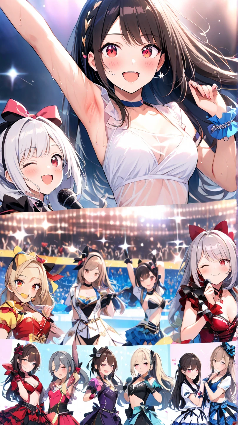 masterpiece, best quality, 4girls, standing, blonde, pigtails hair, detailed eyes, (slingshot swimsuit,red one-piece swimsuit:1.1),(pubic hair:1.4),open mouth,(smile:0.8), breasts, (crowd cheering:1.4), (looking at viewer:1),concert stage, <lyco:MISC-MultipleGirls:1:1> <lyco:Slingshot_V_Conv2D:0.8>