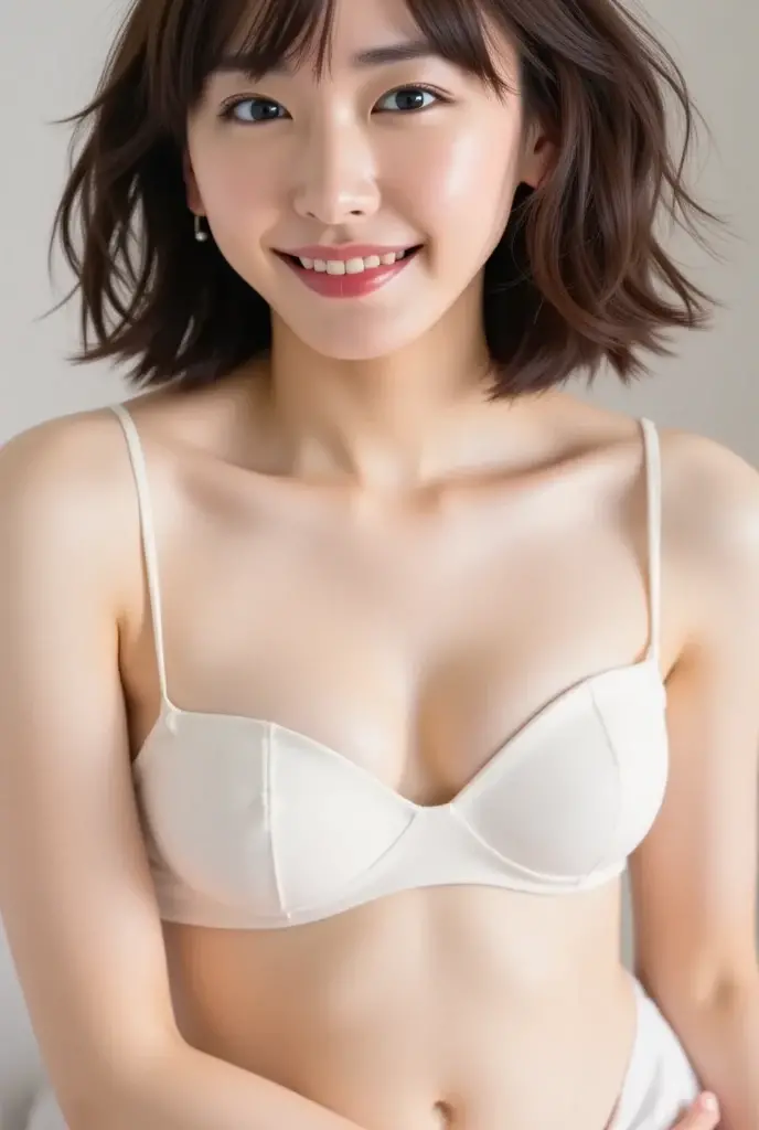 ((of the highest quality, 8K, masutepiece: 1.3)), Sharp Focus: 1.2, A beautiful woman with perfect body: 1.4, Japan women, Women in Their 20s, Mature, Perfect face, Beautiful face, inverted triangular face, slightly pointed chin, Sharp contours, Slim abdomen: 1.2, ((Layered Haircut: 1.2)), (Small beautiful hard: 1.1), (Wet Black Bra), ( Suite Room: 1.2), Wet body: 1.1, Highly detailed face and skin texture, Detailed eyes, Double eyelids, White skin, Shiny skin, Detailed skin, Sexy body, Exposed shoulders, cleavage, Soft skin, Beautiful necklace, Lace pattern bra, Happy smile, enticing lips, Detailed lips, Beautiful fingers, Thin arms, sharp hips, fine abdomen, a small face, earrings, Photorealistic、Raw photo、Real person、Realistic、a portrait photo of,NSFW:1.2,Beautiful 、Remove the bra strap by yourself on one side only、Remove the bra yourself