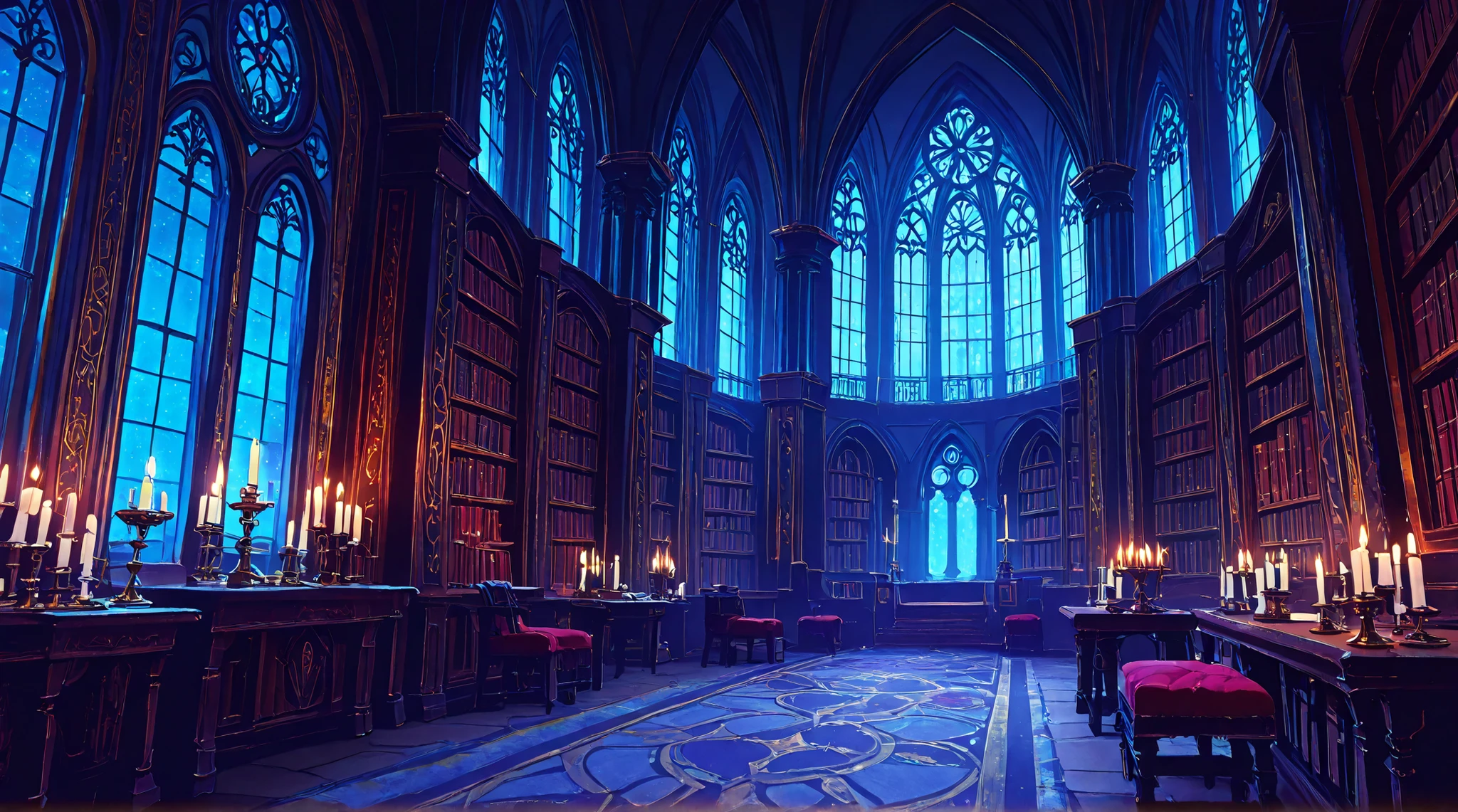 arafed room with many books and many candles, magical atmosphere, gothic epic library, magical library, magical realism and dark fantasy, gothic library, fantasy aesthetics!, very magical and dreamlike, magical realism style, dark fantasy setting, gothic epic library concept, magical atmosphere, ancient library, alchemist library background, infinite celestial library, magical background, no humans, magical location
