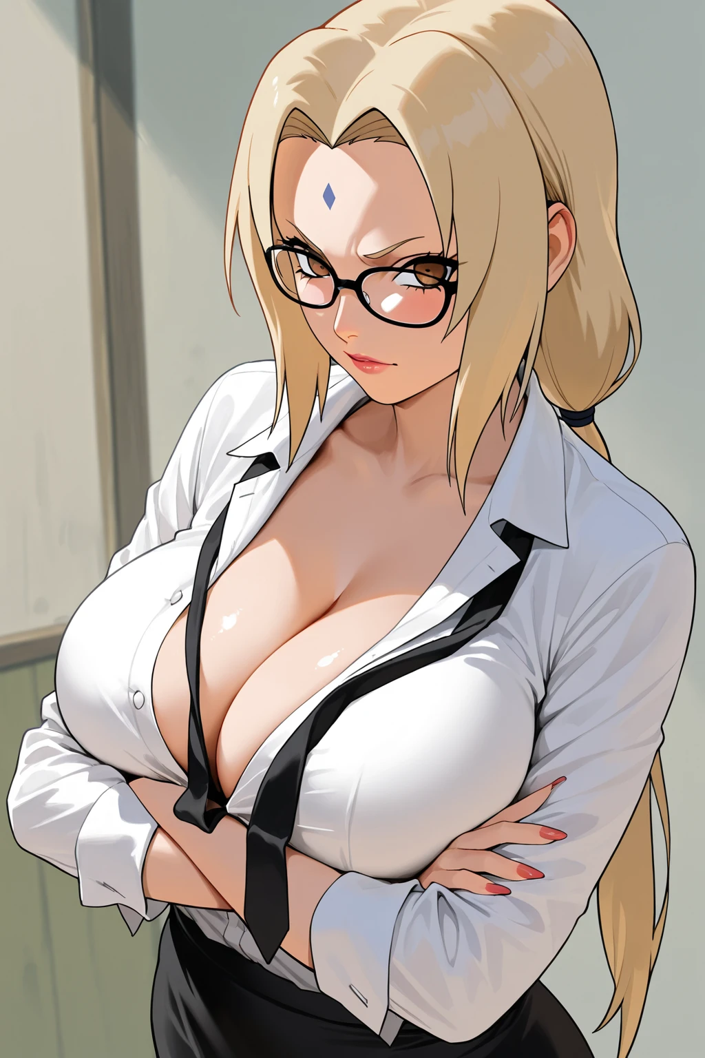 1girl, face, white background, blonde hair, blue forehead mark, white kimono, green jacket,((Gigantic Breasts:1.2)), sash,glasses, tsunade_senju, <lora:Tunade_Senju_v1_1:0.8>,