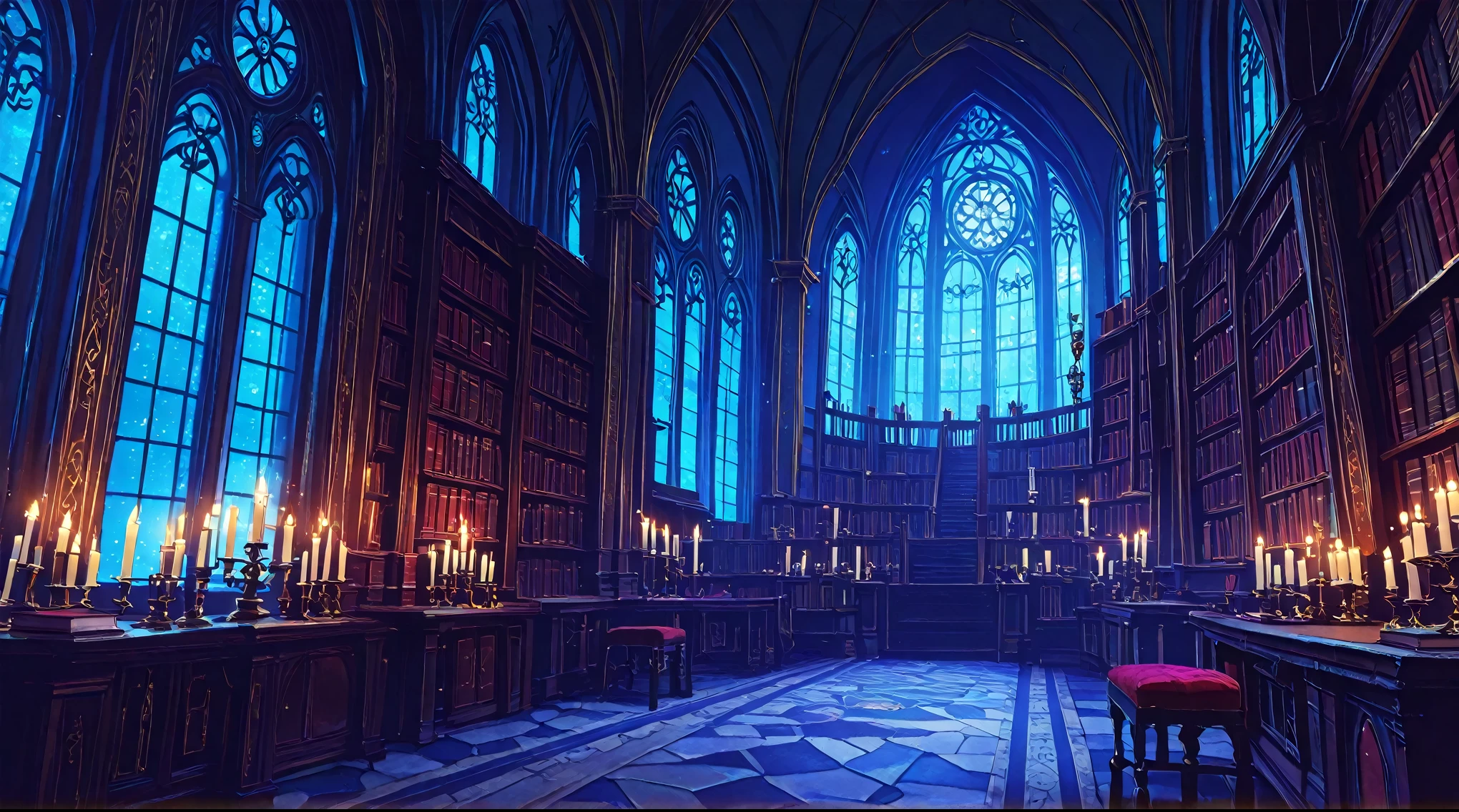 arafed room with many books and many candles, magical atmosphere, gothic epic library, magical library, magical realism and dark fantasy, gothic library, fantasy aesthetics!, very magical and dreamlike, magical realism style, dark fantasy setting, gothic epic library concept, magical atmosphere, ancient library, alchemist library background, infinite celestial library, magical background, no humans, magical location