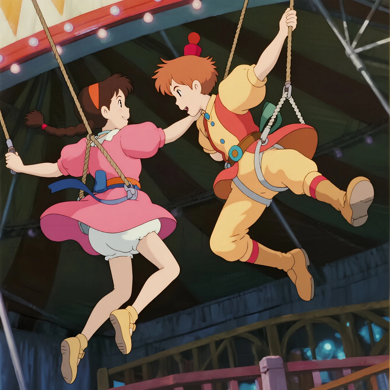 Two fabric trapeze artists swing and perform acrobatics in the air, in an impressive circus performance.
The composition of the image focuses on two human figures moving in the air, suspended in the space between the trapeze's support beams. Two acrobatics, a man and a woman, work together to create a dynamic performance. The man and woman perform a complex acrobatic act on the fabric trapeze. They appear graceful and coordinated. Their body positioning and interaction are precise and elegant. The lines of the metal beams and ropes intersect in the air, providing a strong visual frame for the figures. The lighting focuses on the performers, creating a sharp contrast with the dark background.
The two performers wear dance clothes or lightweight, tight-fitting fabrics in light tones that highlight their movement. The woman wears a light-colored outfit, and her partner wears an outfit with a similar, and in some places, warmer, background color. Their bodies are in tension and position, with a sense of fluidity and control, demonstrating the artists' skill and precision.
The artistic medium is circus photography, capturing the movement and grace of the performers in the air. There is a focus on composition, attention to detail, and strategic lighting to highlight the acrobatics. The lines of the beams and cables are meticulously controlled, creating a sense of controlled tension. The style is dynamic, concentrating on the movement and interaction of
The overall atmosphere of the image is joyful and festive, with a style reminiscent of Halloween. The colors are bright. The image has a cute and adorable style that makes it ideal for children, warm lighting, soft shadows, ghibli style, SFW, HDR, 4K, DSLR, cinematic, candid portrait, depth of field, high-quality, vivid colors, masterpiece