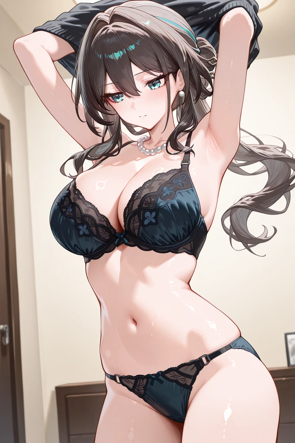 highest quality, masterpiece, High resolution, alone, {Aaron_Kantai Collection:1.15}, black_hair, length_hair, hair_ornament, hairband, Brown_eye, hairclip, blush, smile, headgear, chest, , hair_between_eye,, ((Office Background, Living Room Background))(Thin pastel green panties), (Thin pastel green bra), (In underwear), (Flashy underwear), (lingerie), Fully nude,