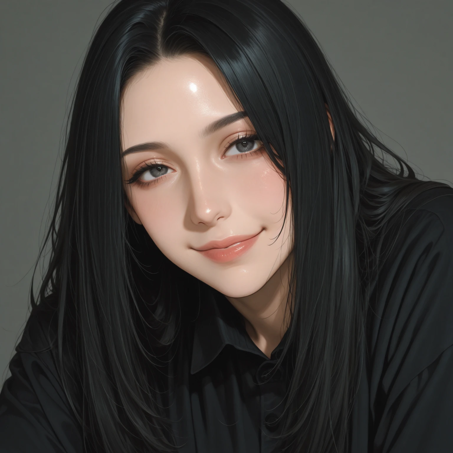 there is a woman with long black hair and a blue shirt, with straight black hair, woman with long black hair, black hair and brown eyes, young woman with long dark hair, black hair and big eyes, extra dark natural black hair, unkempt lush black hair, dark hair and makeup, woman with black hair,  flawless olive skin, flawless face detailed, woman is a mermaid