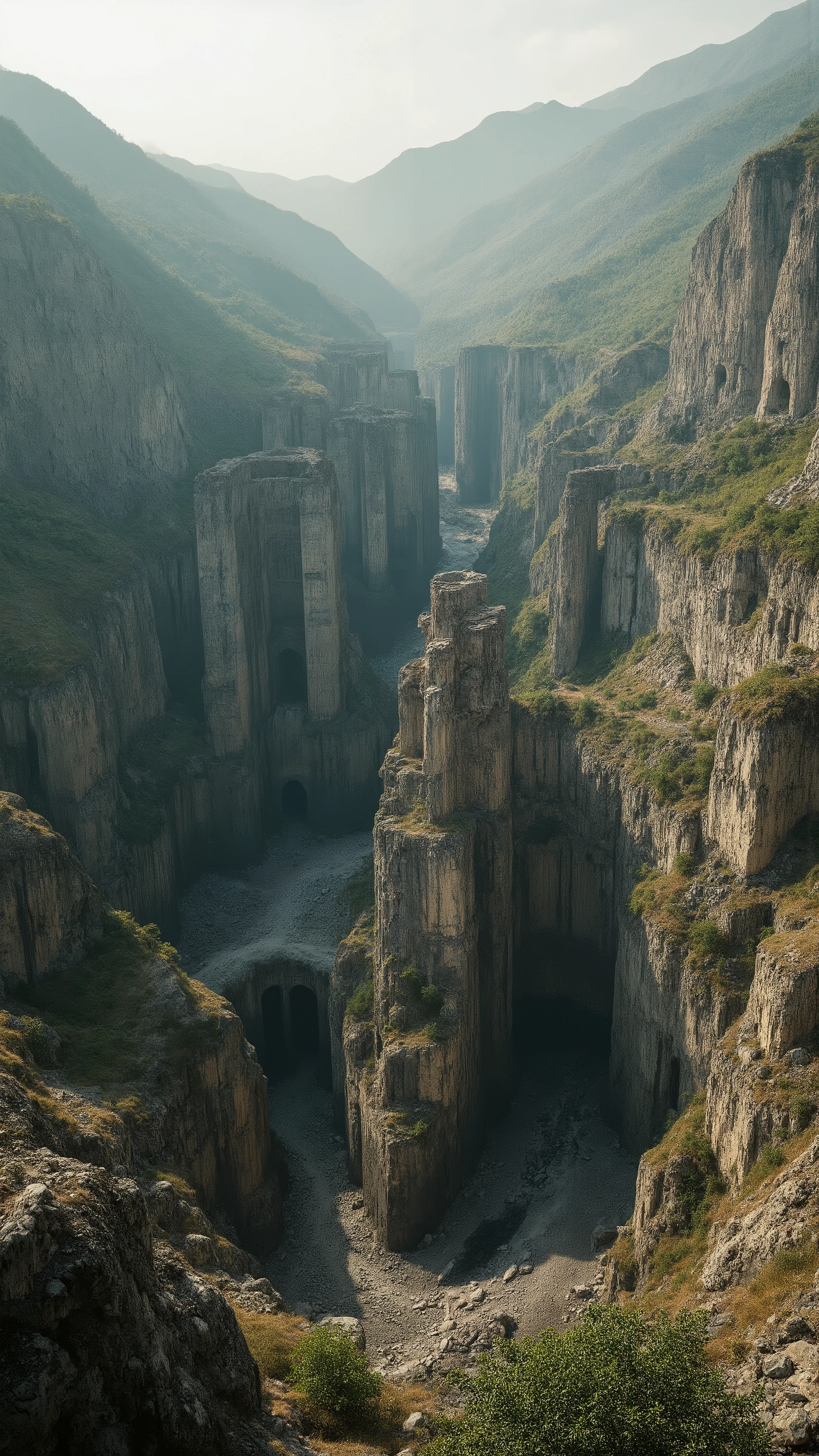 highdefinition image、Karahora mine ruins in the Caucasus region、ruins of artificial shafts、The atmosphere of the megalithic ruins in the vertical mine seen from above、is eye-catching