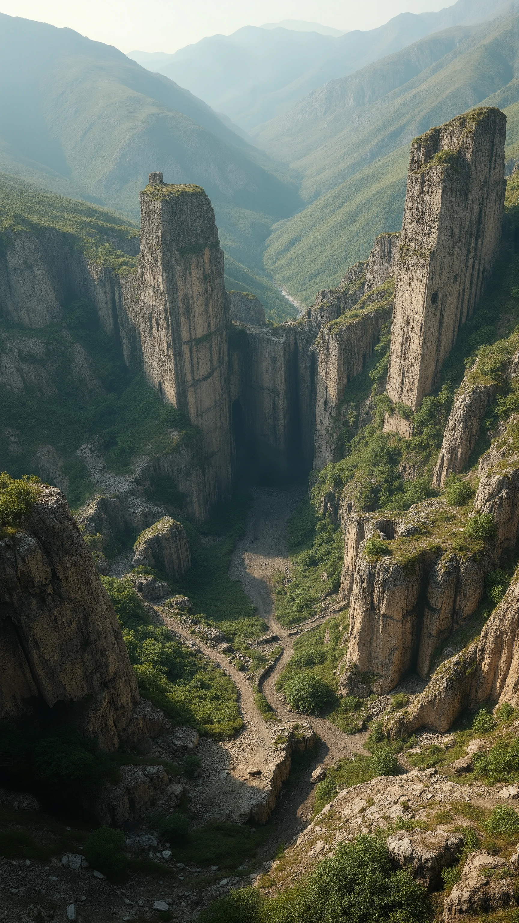 highdefinition image、Karahora mine ruins in the Caucasus region、ruins of artificial shafts、The atmosphere of the megalithic ruins in the vertical mine seen from above、is eye-catching