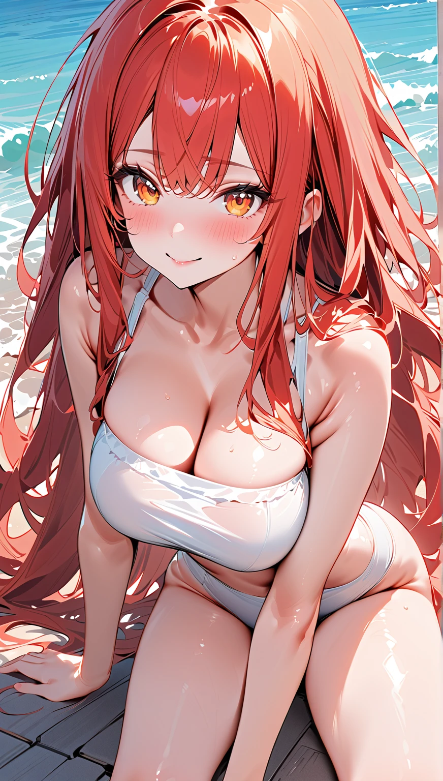 Stella Vermillion, Stella Vermillion, hair between eye, Hair intake, Hair Ribbon, Long hair, (Red Eyes:1.5), Red hair, two side up, Yellow Ribbon,thighs thighs thighs thighs, BREAK looking at viewer,,Romper (masutepiece:1.2), Best Quality, High resolution, Unity 8k壁纸, (Illustration:0.8), (Beautiful detailed eyes:1.6), extra detailed face, Perfect Lighting, extremely details CG, (Perfect hands, Perfect Anatomy),Naughty big、Smile with open mouth、red blush、embarrassed from,(Black Bikini:1.3)、(the beach:1.3)、cowboy shot、