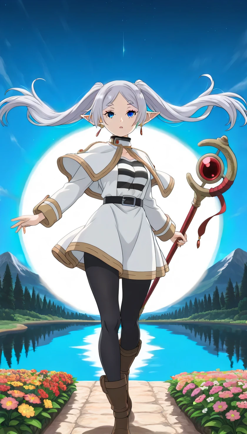 {{{masterpiece}}}, (best quality:1.5), (ultra-detailed:1.5), {illustration}, {{an extremely delicate and beautiful}}, (beautiful detailed eyes:1.2), absurdres, highres, extremely detailed face, 16k, hd, visual anime de uma jovem mulher, extremamente bonito rosto de anime, anime melhor garota, (perfect hands, perfect anatomy), anime face,, Frieren(Sousou no Frieren), 1girl, solo, cute face, elf, twintails, very long hair, silver hair, parted bangs, sidelocks, pointy ears, earrings, green eyes, medium breasts, big hips, curvaceous, BREAK, white capelet, frierenCasual, (horizontal striped shirt:1.4), (white sleeves:1.1), black belt, (white skirt:1.4), short skirt, (black pantyhose:1.3), BREAK, 1girl, solo, floating hair, magic staff, holding staff, BREAK, cute face, open mouth, expressionless, standing on the lake, outdoor, night, mountain, forest, flower garden, magic, (floating clothes:1.2), (Itanocircus:1.5), mysterious