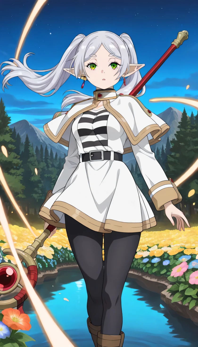 {{{masterpiece}}}, (best quality:1.5), (ultra-detailed:1.5), {illustration}, {{an extremely delicate and beautiful}}, (beautiful detailed eyes:1.2), absurdres, highres, extremely detailed face, 16k, hd, visual anime de uma jovem mulher, extremamente bonito rosto de anime, anime melhor garota, (perfect hands, perfect anatomy), anime face,, Frieren(Sousou no Frieren), 1girl, solo, cute face, elf, twintails, very long hair, silver hair, parted bangs, sidelocks, pointy ears, earrings, green eyes, medium breasts, big hips, curvaceous, BREAK, white capelet, frierenCasual, (horizontal striped shirt:1.4), (white sleeves:1.1), black belt, (white skirt:1.4), short skirt, (black pantyhose:1.3), BREAK, 1girl, solo, floating hair, magic staff, holding staff, BREAK, cute face, open mouth, expressionless, standing on the lake, outdoor, night, mountain, forest, flower garden, magic, (large amount radiant beams:1.2), glowing, lens flare, motion blur, laser, emphasis lines, motion lines, speed lines, (floating clothes:1.2), (Itanocircus:2.0), mysterious