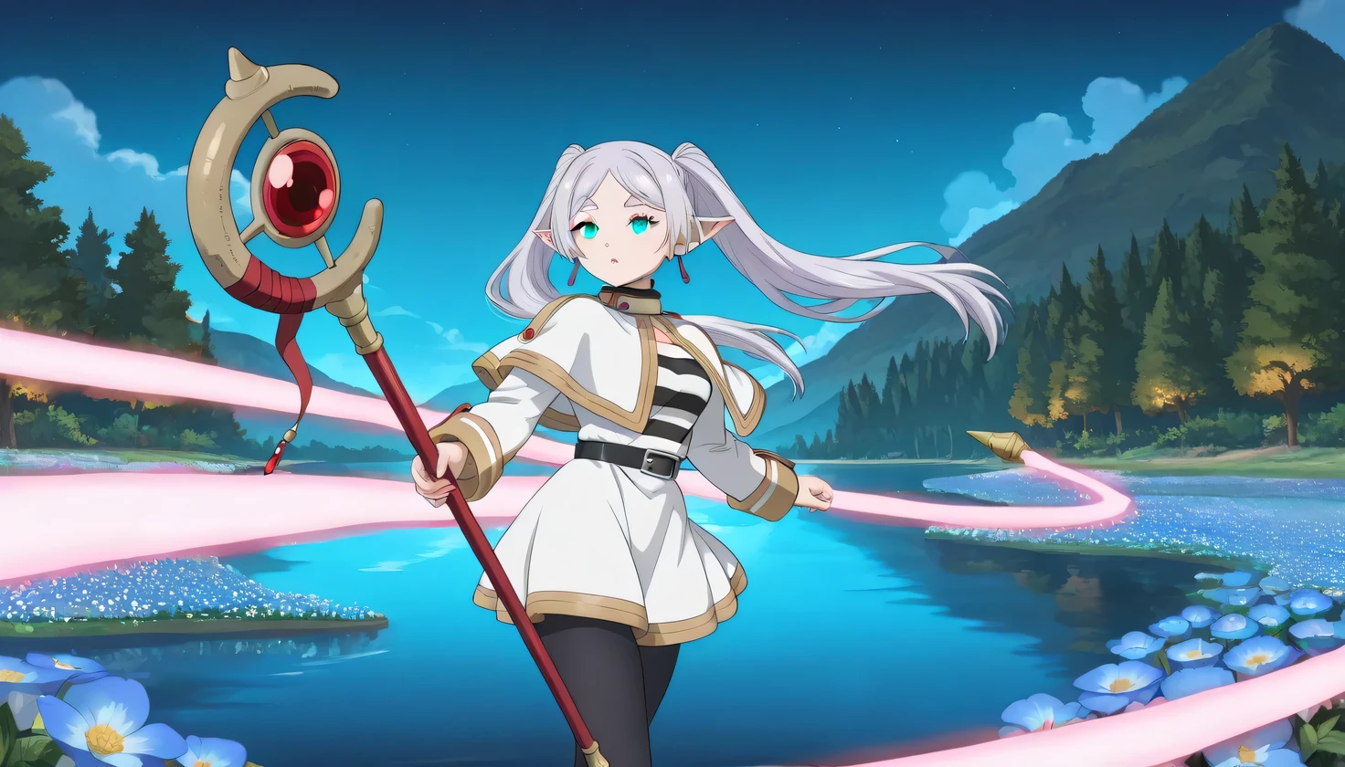 {{{masterpiece}}}, (best quality:1.5), (ultra-detailed:1.5), {illustration}, {{an extremely delicate and beautiful}}, (beautiful detailed eyes:1.2), absurdres, highres, extremely detailed face, 16k, hd, visual anime de uma jovem mulher, extremamente bonito rosto de anime, anime melhor garota, (perfect hands, perfect anatomy), anime face,, Frieren(Sousou no Frieren), 1girl, solo, cute face, elf, twintails, very long hair, silver hair, parted bangs, sidelocks, pointy ears, earrings, green eyes, medium breasts, big hips, curvaceous, BREAK, white capelet, frierenCasual, (horizontal striped shirt:1.4), (white sleeves:1.1), black belt, (white skirt:1.4), short skirt, (black pantyhose:1.3), BREAK, 1girl, solo, floating hair, magic staff, holding staff, BREAK, cute face, open mouth, expressionless, standing on the lake, outdoor, night, mountain, forest, flower garden, magic, (large amount radiant beams:1.2), glowing, lens flare, motion blur, laser, emphasis lines, motion lines, speed lines, (floating clothes:1.2), (Itanocircus:2.0), mysterious