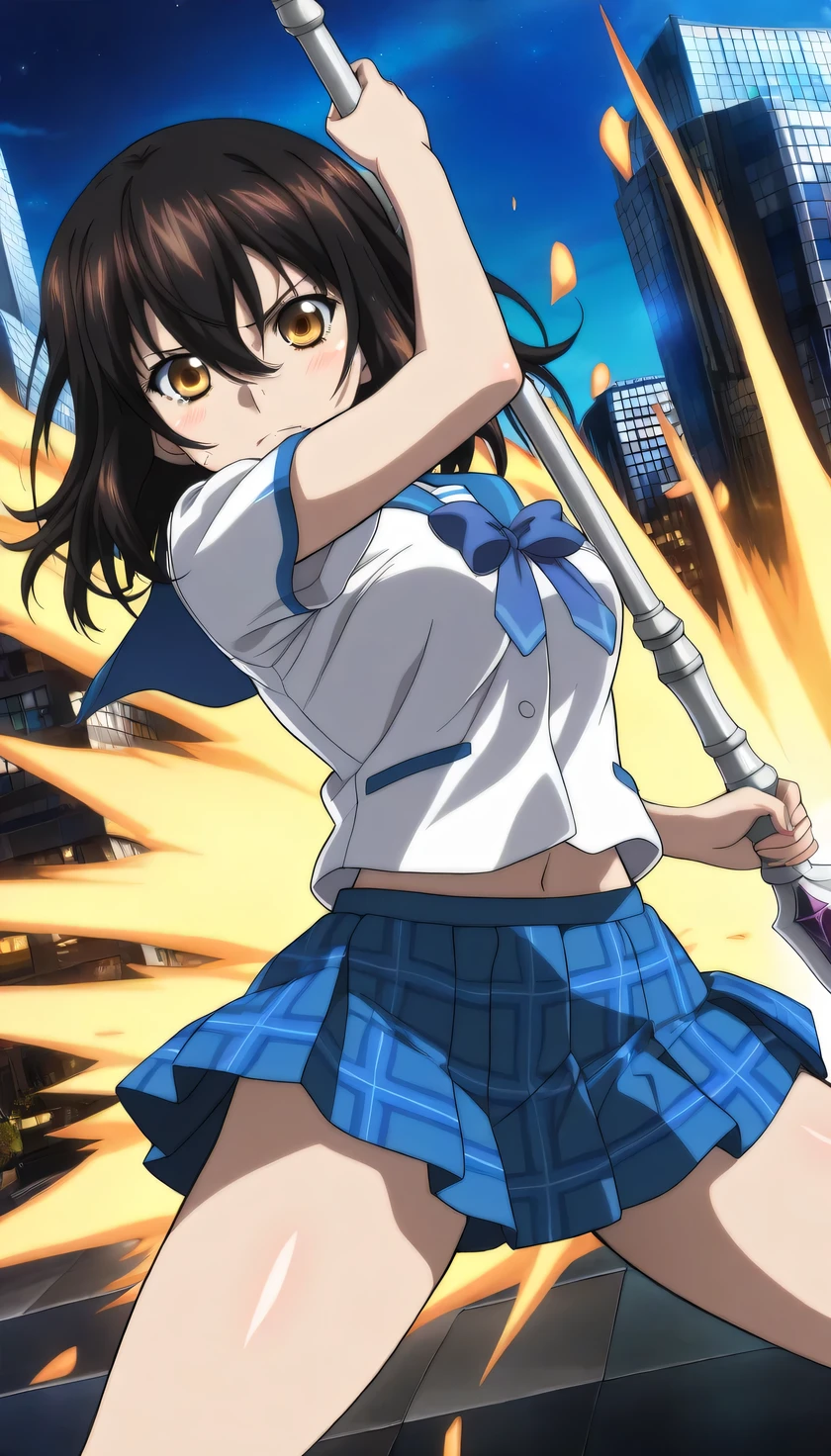 {{{masterpiece}}}, (best quality:1.5), (ultra-detailed:1.5), {illustration}, {{an extremely delicate and beautiful}}, (beautiful detailed eyes:1.6), absurdres, highres, extremely detailed face, 16k, hd, visual anime de uma jovem mulher, extremamente bonito rosto de anime, anime melhor garota, (perfect hands, perfect anatomy), anime face, Himeragi Yukina(Strike The Blood), yukina, 1girl, solo, cute face, medium hair, front hair, black hair, hair between eye, (yellow eyes:1.3), (High resolution eyes, Beautiful eyes, Light in the eyes), flushed cheeks, medium breasts, big hips, curvaceous, BREAK, serafuku, {school uniform}, summer uniform, white shirt, short sleeves, blue sailor collar, blue bowtie, mini skirt, pleated skirt, plaid skirt, blue skirt, thighs, BREAK, polearm, 1 weapon, (holding weapon:1.2), holding, spear, legs apart, fighting stance, duel, clash, slashing, flushed cheeks, looking at viewer, outdoor, city, building, sky, night, night view, cityscape, cowboy shot, (fight scene:1.2)