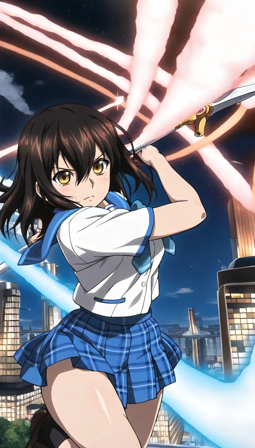 {{{masterpiece}}}, (best quality:1.5), (ultra-detailed:1.5), {illustration}, {{an extremely delicate and beautiful}}, (beautiful detailed eyes:1.6), absurdres, highres, extremely detailed face, 16k, hd, visual anime de uma jovem mulher, extremamente bonito rosto de anime, anime melhor garota, (perfect hands, perfect anatomy), anime face, Himeragi Yukina(Strike The Blood), yukina, 1girl, solo, cute face, medium hair, front hair, black hair, hair between eye, (yellow eyes:1.3), (High resolution eyes, Beautiful eyes, Light in the eyes), flushed cheeks, medium breasts, big hips, curvaceous, BREAK, serafuku, {school uniform}, summer uniform, white shirt, short sleeves, blue sailor collar, blue bowtie, mini skirt, pleated skirt, plaid skirt, blue skirt, thighs, BREAK, polearm, 1 weapon, (holding weapon:1.2), holding, spear, legs apart, fighting stance, duel, clash, slashing, flushed cheeks, looking at viewer, outdoor, city, building, sky, night, night view, cityscape, cowboy shot, floating,flying, (Multiple laser:1.2),aerial battle, magic, (large amount radiant beams:1.2), glowing, lens flare, motion blur, laser, emphasis lines, motion lines, speed lines, (fight scene:1.2)