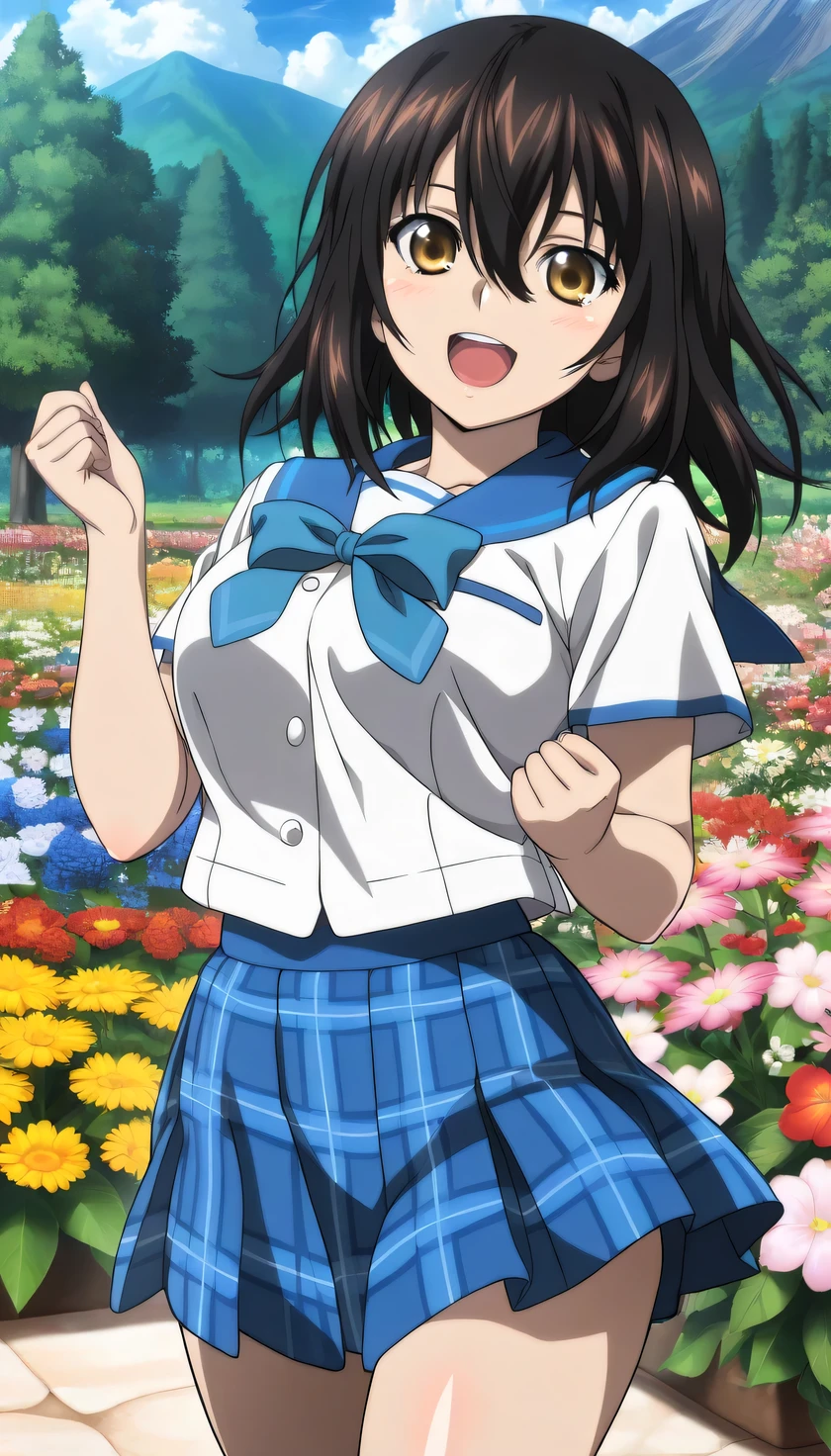 {{{masterpiece}}}, (best quality:1.5), (ultra-detailed:1.5), {illustration}, {{an extremely delicate and beautiful}}, (beautiful detailed eyes:1.6), absurdres, highres, extremely detailed face, 16k, hd, visual anime de uma jovem mulher, extremamente bonito rosto de anime, anime melhor garota, (perfect hands, perfect anatomy), anime face, Himeragi Yukina(Strike The Blood), yukina, 1girl, solo, cute face, medium hair, front hair, black hair, hair between eye, (yellow eyes:1.3), (High resolution eyes, Beautiful eyes, Light in the eyes), flushed cheeks, medium breasts, big hips, curvaceous, BREAK, serafuku, {school uniform}, summer uniform, white shirt, short sleeves, blue sailor collar, blue bowtie, mini skirt, pleated skirt, plaid skirt, blue skirt, thighs, BREAK, smiling, looking at viewer, open mouth, flushed cheeks, flash effect, outdoor, mountain, daytime, forest, flower garden, field, sunshine, peer in from below