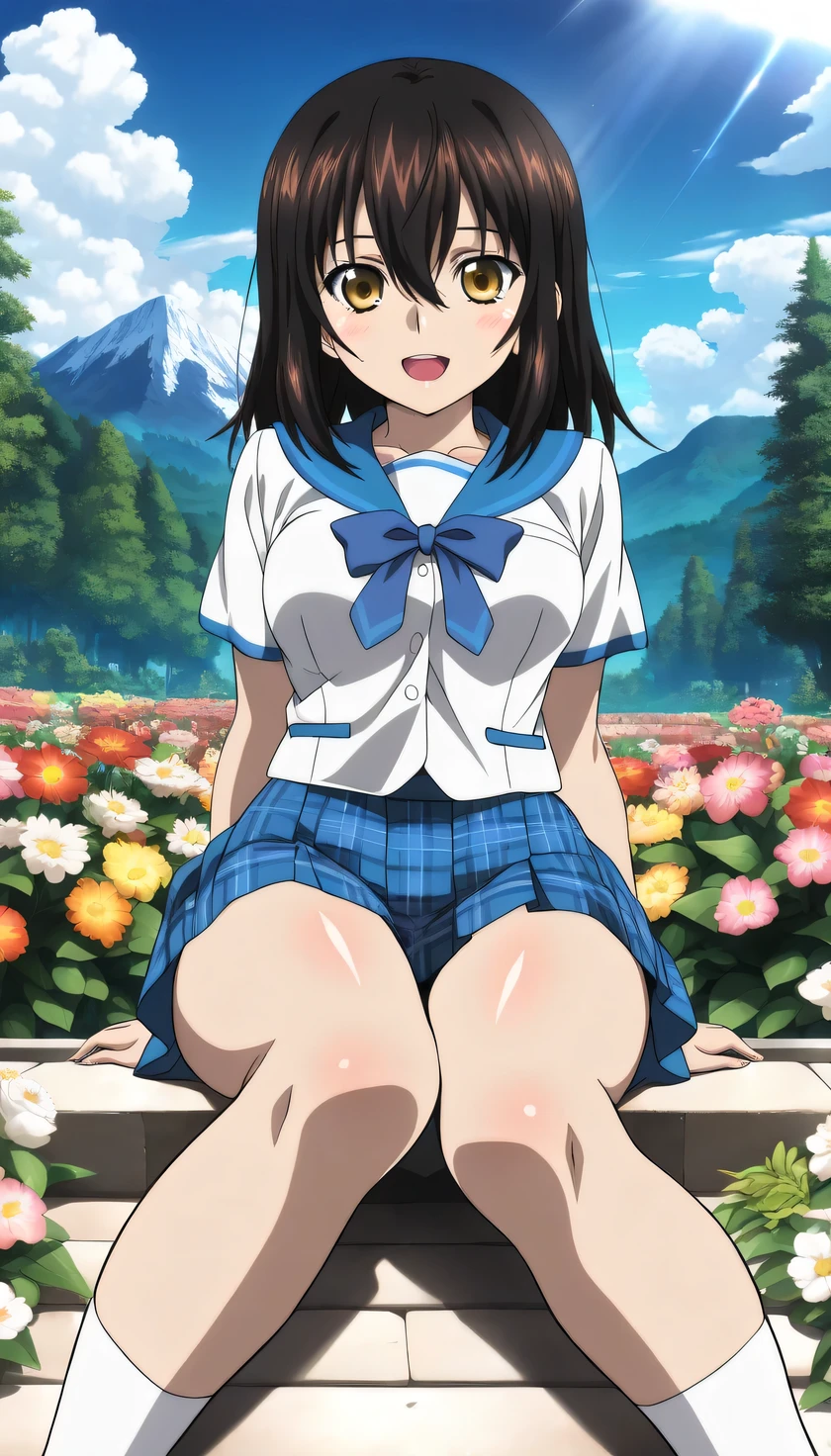 {{{masterpiece}}}, (best quality:1.5), (ultra-detailed:1.5), {illustration}, {{an extremely delicate and beautiful}}, (beautiful detailed eyes:1.6), absurdres, highres, extremely detailed face, 16k, hd, visual anime de uma jovem mulher, extremamente bonito rosto de anime, anime melhor garota, (perfect hands, perfect anatomy), anime face, Himeragi Yukina(Strike The Blood), yukina, 1girl, solo, cute face, medium hair, front hair, black hair, hair between eye, (yellow eyes:1.3), (High resolution eyes, Beautiful eyes, Light in the eyes), flushed cheeks, medium breasts, big hips, curvaceous, BREAK, serafuku, {school uniform}, summer uniform, white shirt, short sleeves, blue sailor collar, blue bowtie, mini skirt, pleated skirt, plaid skirt, blue skirt, thighs, BREAK, smiling, looking at viewer, open mouth, flushed cheeks, flash effect, outdoor, mountain, daytime, forest, flower garden, field, sunshine, peer in from below
