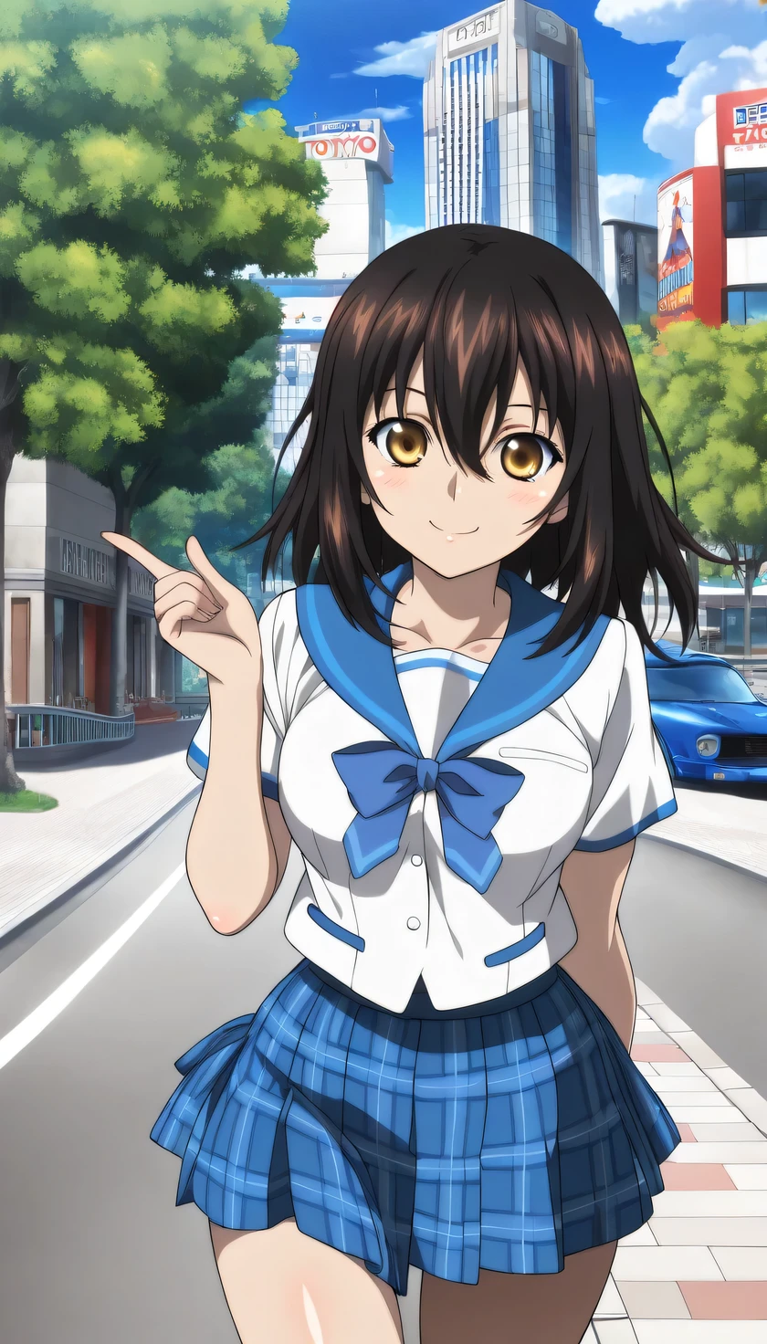 {{{masterpiece}}}, (best quality:1.5), (ultra-detailed:1.5), {illustration}, {{an extremely delicate and beautiful}}, (beautiful detailed eyes:1.6), absurdres, highres, extremely detailed face, 16k, hd, visual anime de uma jovem mulher, extremamente bonito rosto de anime, anime melhor garota, (perfect hands, perfect anatomy), anime face, Himeragi Yukina(Strike The Blood), yukina, 1girl, solo, cute face, medium hair, front hair, black hair, hair between eye, (yellow eyes:1.3), (High resolution eyes, Beautiful eyes, Light in the eyes), flushed cheeks, medium breasts, big hips, curvaceous, BREAK, serafuku, {school uniform}, summer uniform, white shirt, short sleeves, blue sailor collar, blue bowtie, mini skirt, pleated skirt, plaid skirt, blue skirt, thighs, BREAK, (cute gestures:1.2), smiling, looking at viewer, flushed cheeks, flash effect, outdoor, (tokyo:1.5), building, scenery, outdoors, city, cityscape, real world location, day, skyscraper, asphalt road, car, sky, tree, daytime, peer in from below