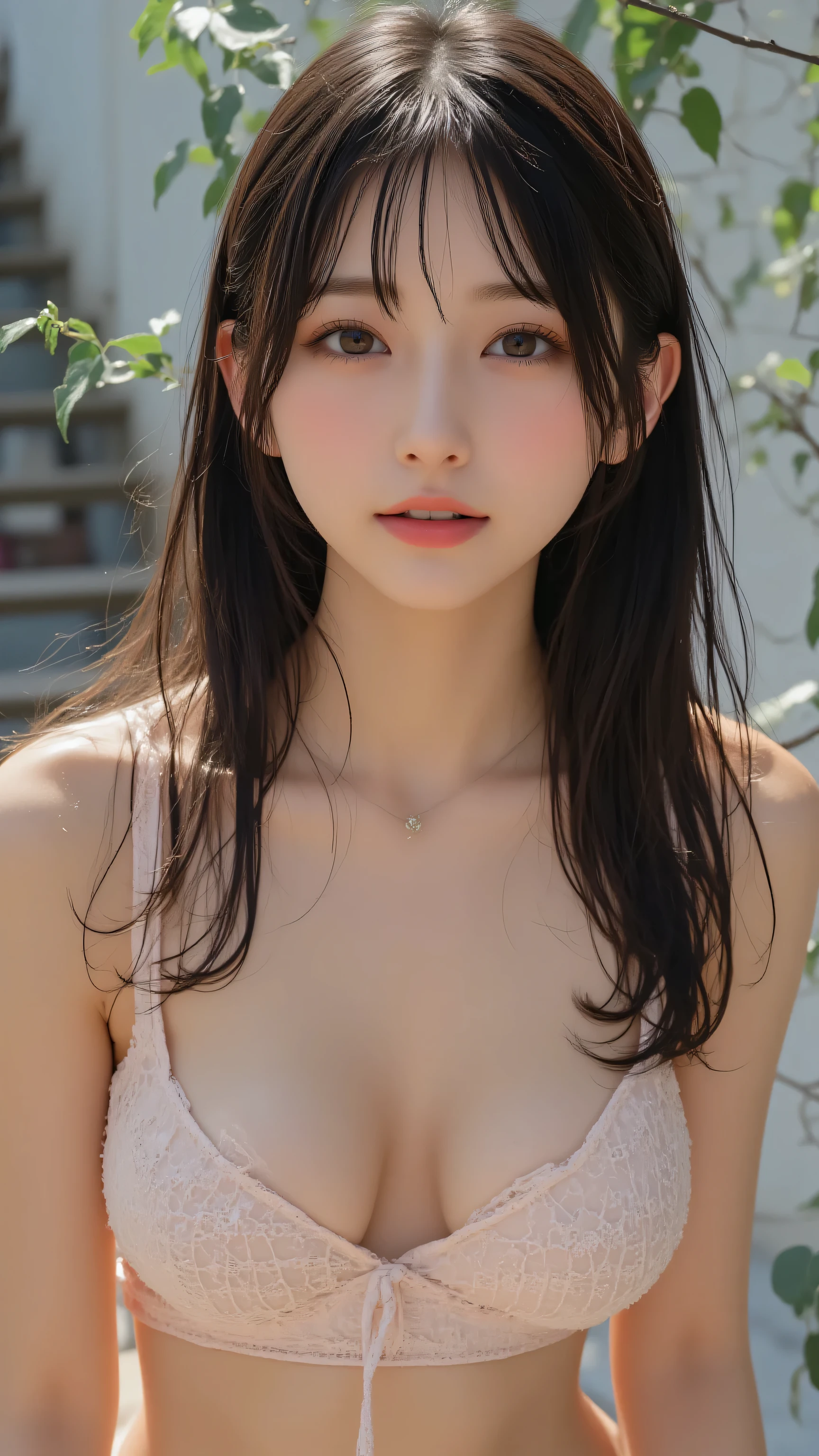 ((Highest quality)), ((masterpiece)), (detailed),pastel tones, (Japanese), 15 years old, Black Hair,(Childish face), (Straight Hair), Girl, big Breasts, (naked),topless, ((Blue eyes)),half-smile ,Sunlight, profile , ((extreme_close_up)) , arched back, riverbank,Roman ruins,